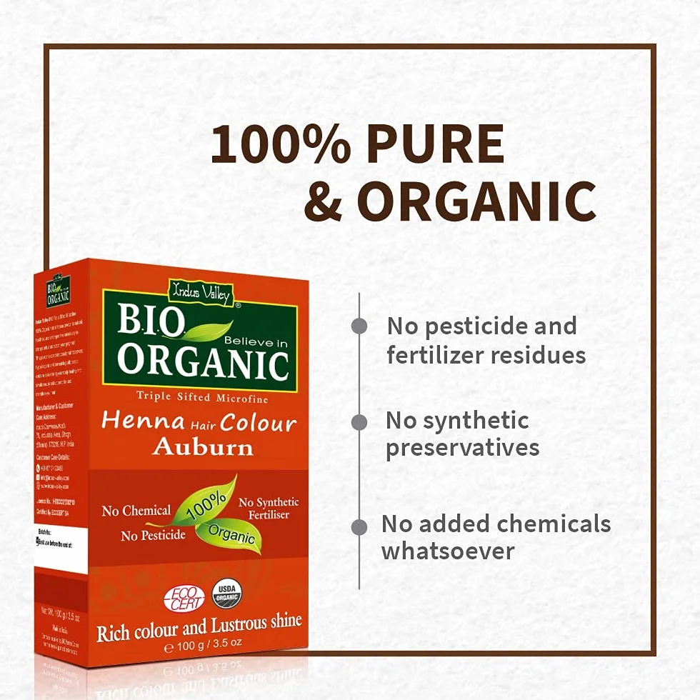 Dolina Indus Organiczna Naturalna Henna Powder For Hair Dye Auburn - 3,5 oz