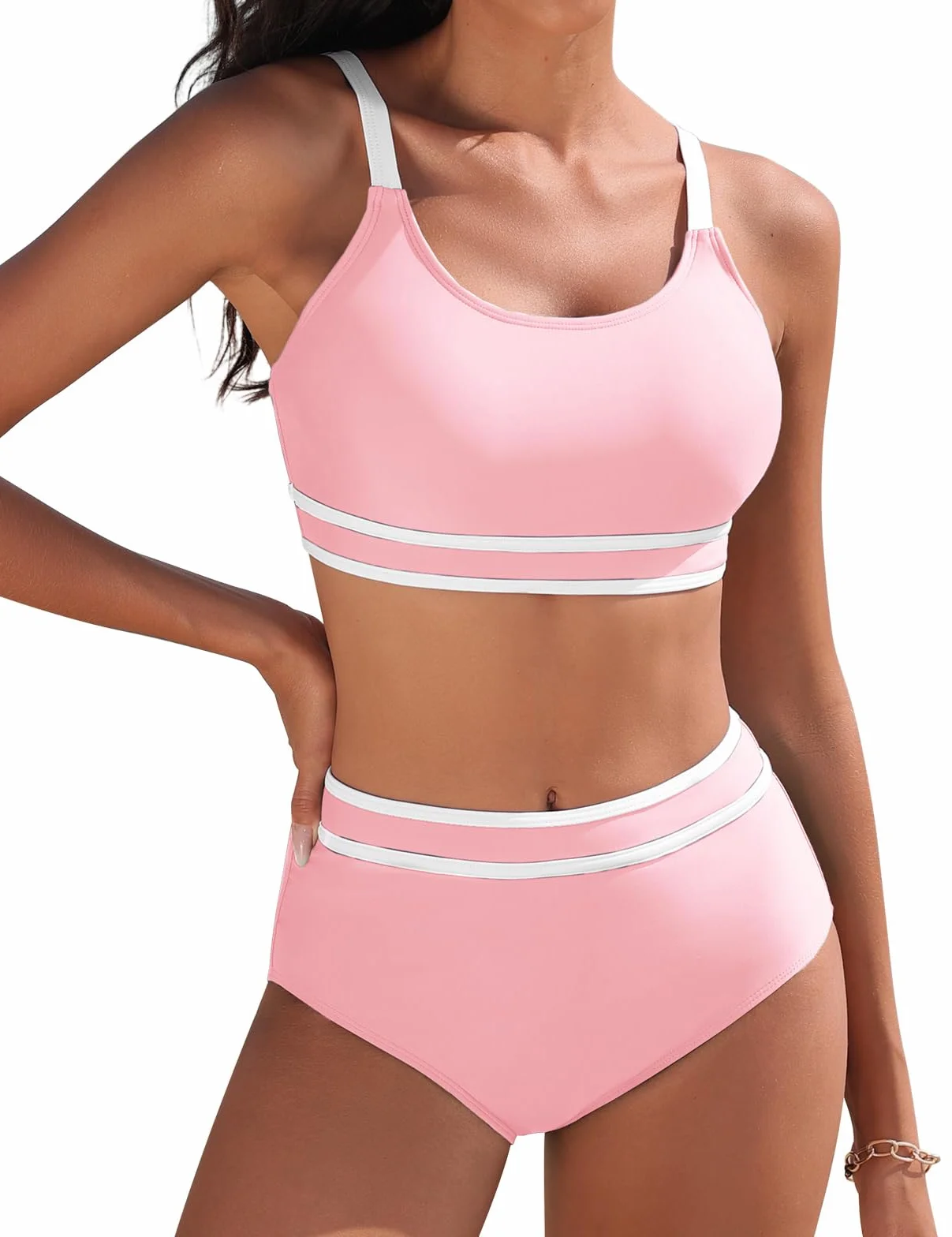 Yuson Girl Damski zestaw bikini z wysokim stanem, dwuczęściowy kostium kąpielowy, push up, moda kąpielowa, kontrola brzucha, blokowanie kolorów, sportowe bikini, seksowne zestawy bikini dla kobiet