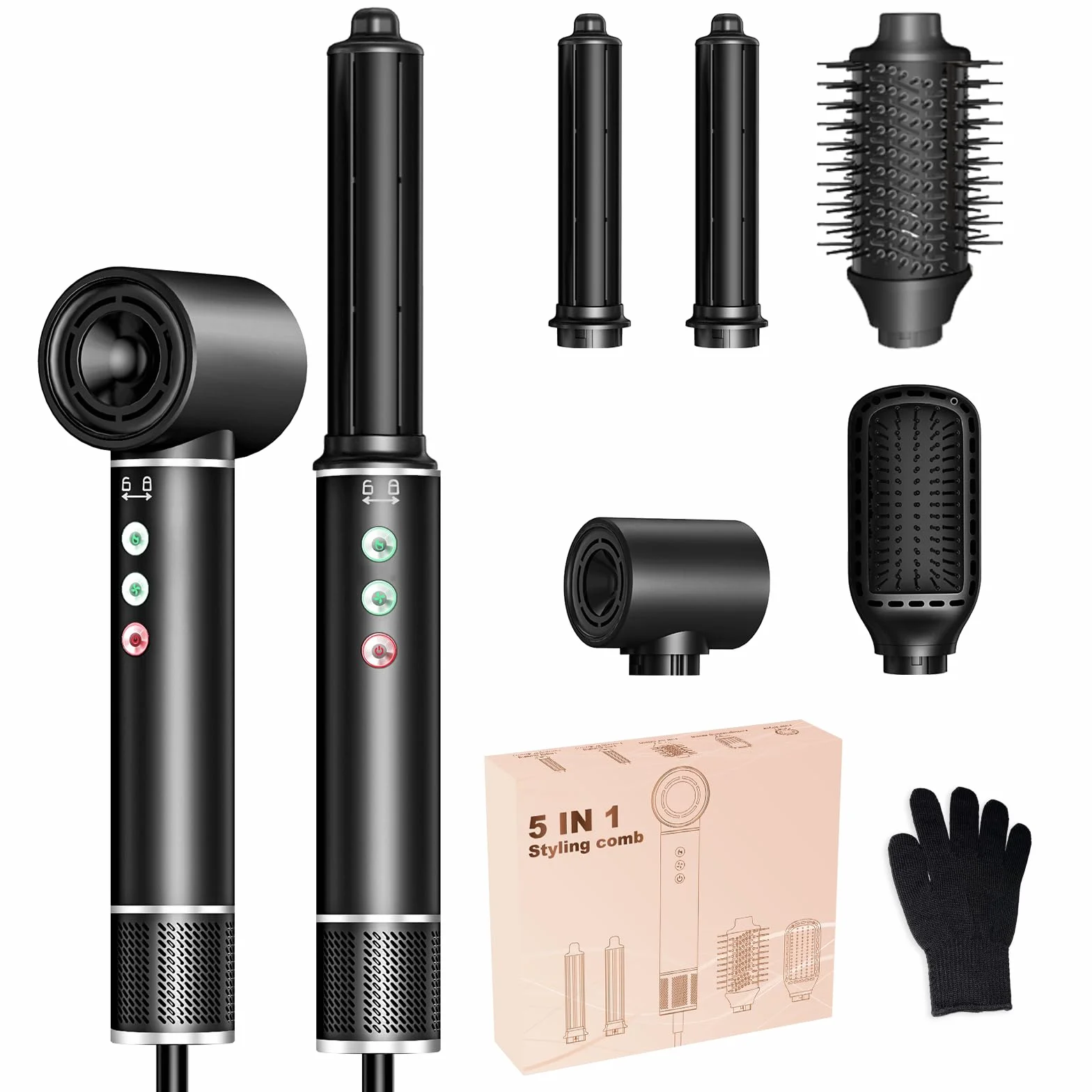 Airstyler Hairstyler 5 w 1 Lokówka z suszarką do włosów, 110 000 obr./min, strumień powietrza 20 m/s, 320 milionów jonów, prostownica, 340 g, lekka, cicha i szybkoschnąca