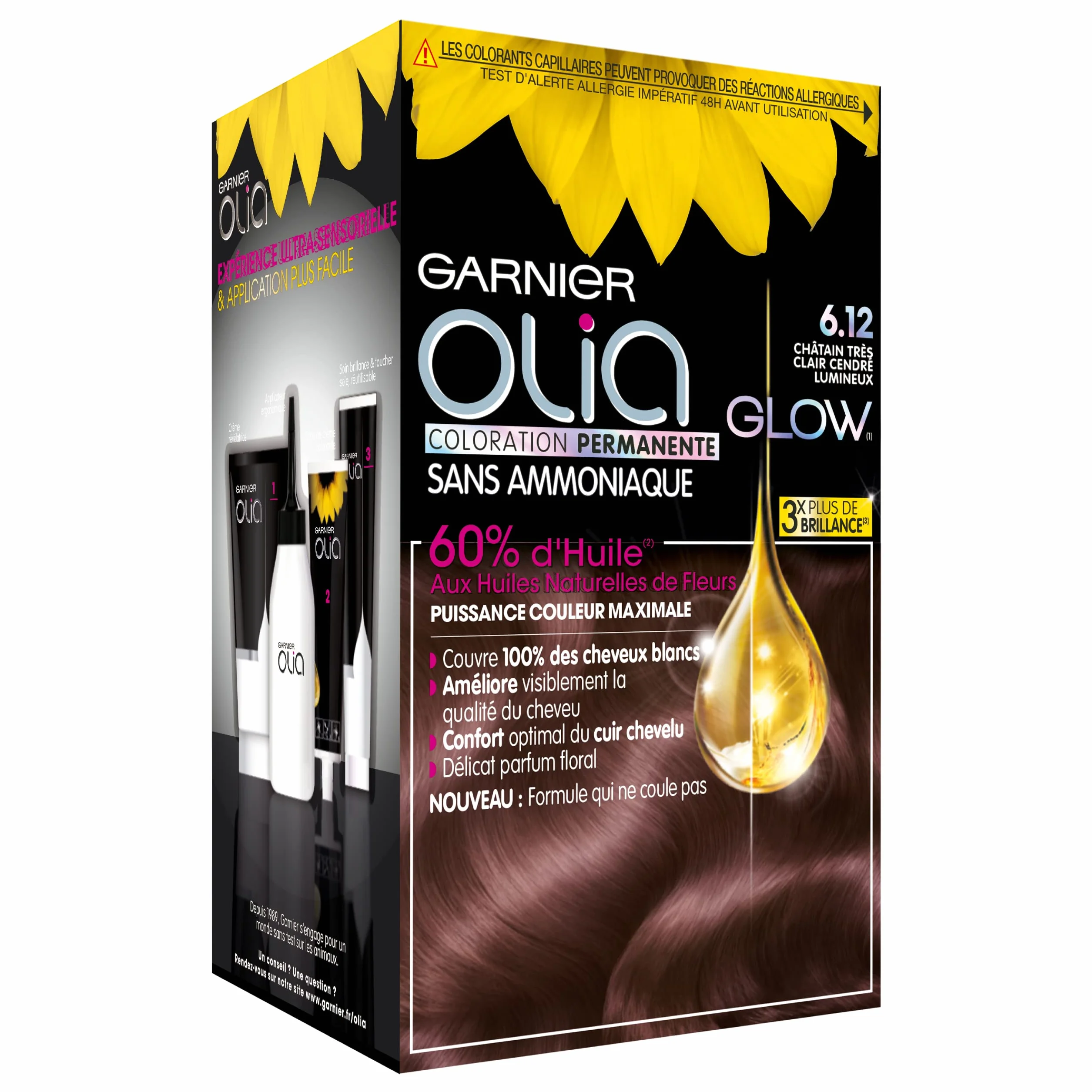 Garnier Olia Glow permanentna farba do włosów, bez amoniaku, naturalne olejki kwiatowe, bardzo jasny popielaty brąz (6.12)