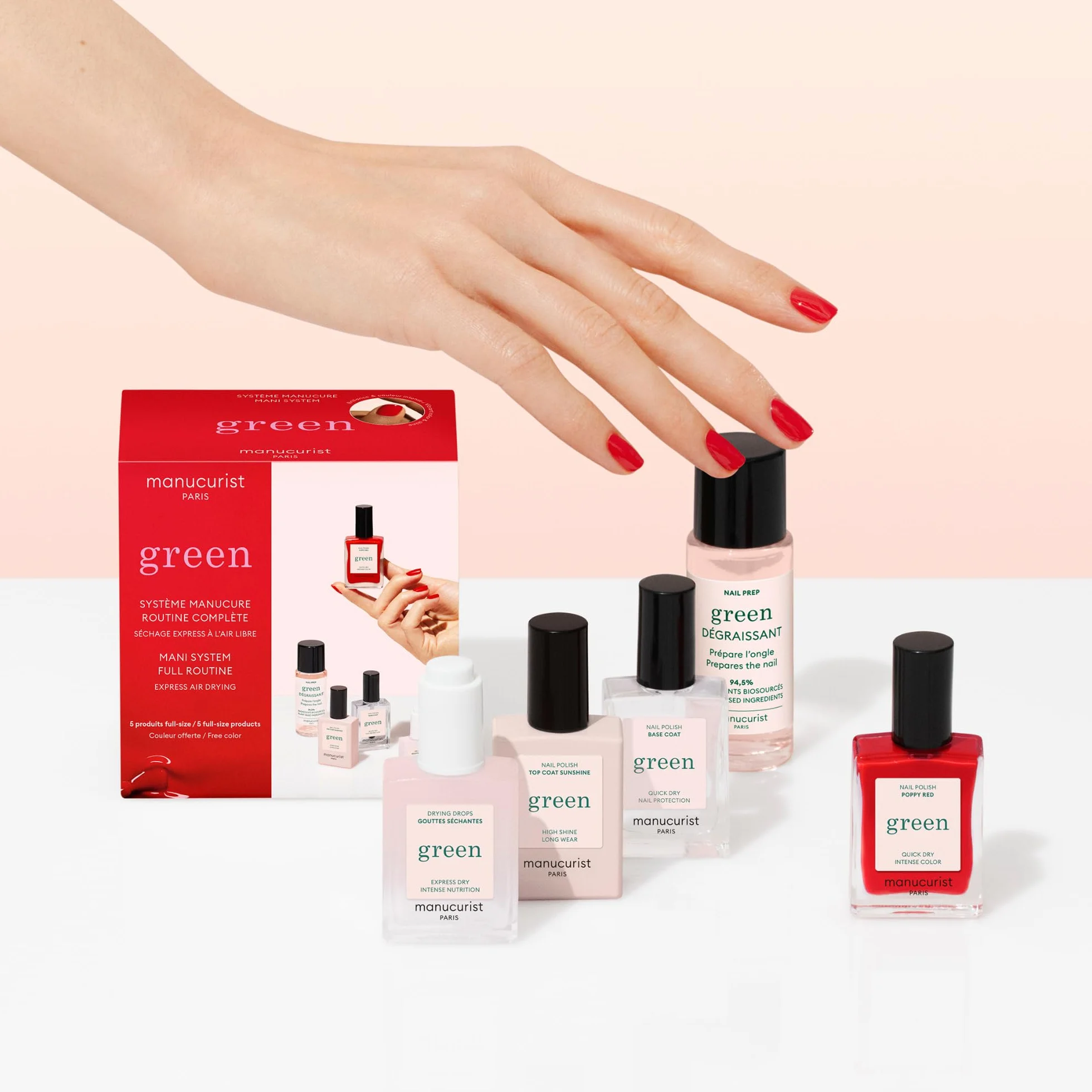 Manucurist System Green (Poppy Red) – profesjonalny zestaw upominkowy do manicure, wegański: 1 preparat do paznokci, 1 lakier bazowy, 1 lakier do paznokci, 1 top płaszcz, krople do suszenia - prezenty