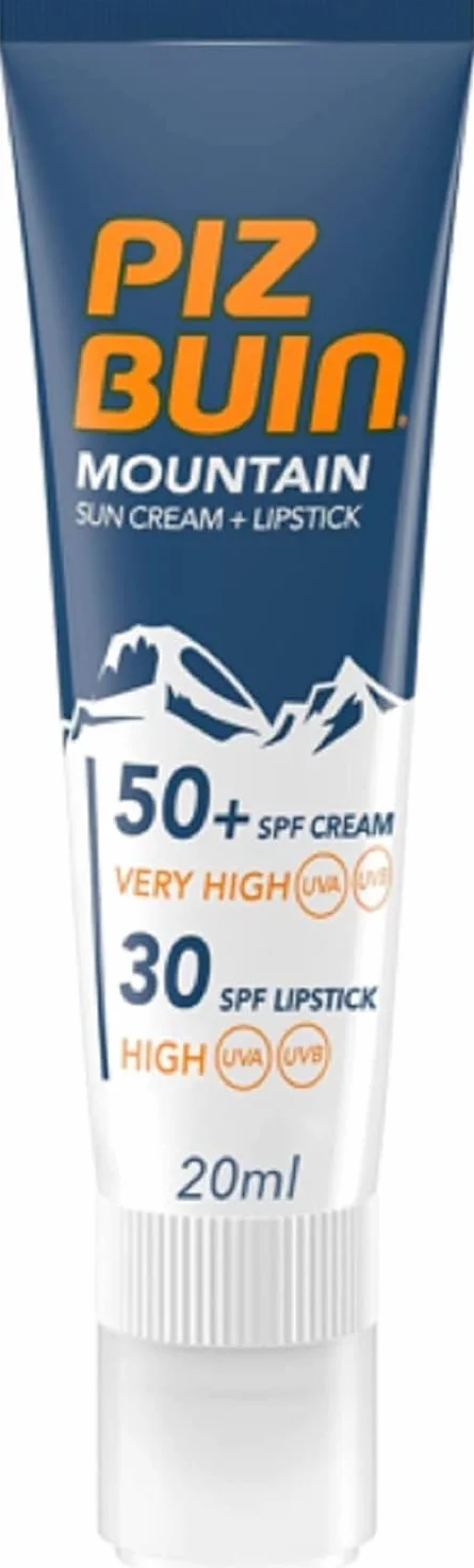 Piz Buin Mountain krem przeciwsłoneczny i pielęgnacja ust z LSF 50+, ochrona przed słońcem specjalnie do jazdy na nartach i wędrówek, ochrona przed wiatrem i zimnem, 20 ml i 2,3 ml