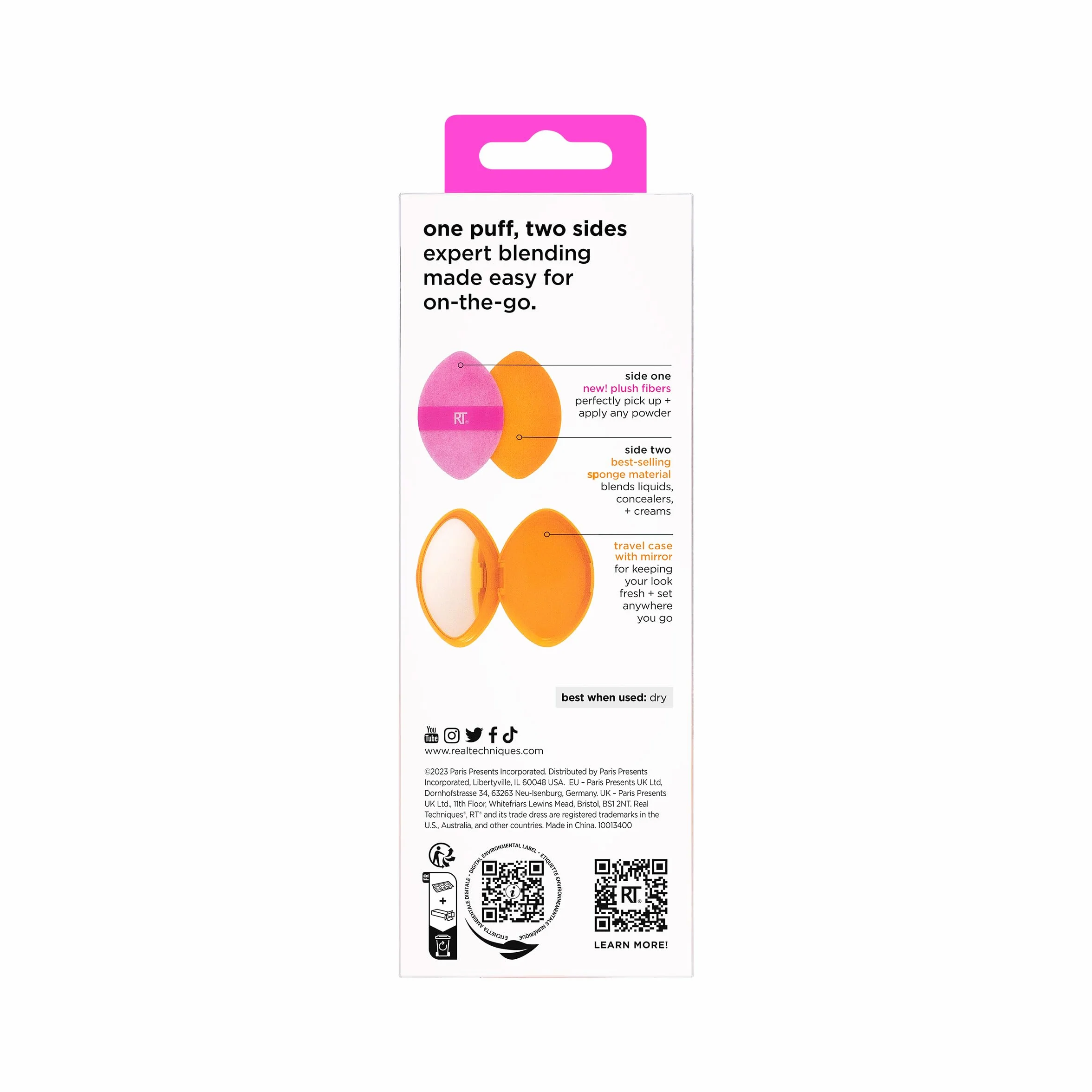 Real Techniques Miracle 2 w 1 pudru + etui podróżne, dwustronna opaska do mieszania makijażu, elastyczna taśma, precyzyjna gąbka do makijażu i pudru, do płynów, kremów i proszków, etui podróżne, 2