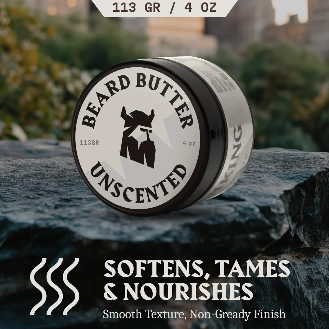 Striking Viking Masło do brody, bezzapachowe, 118 ml, naturalny krem do brody, nieperfumowany, nawilżenie bez tłustości, naturalne masło do brody dla mężczyzn, masło shea i olej kokosowy, codzienna