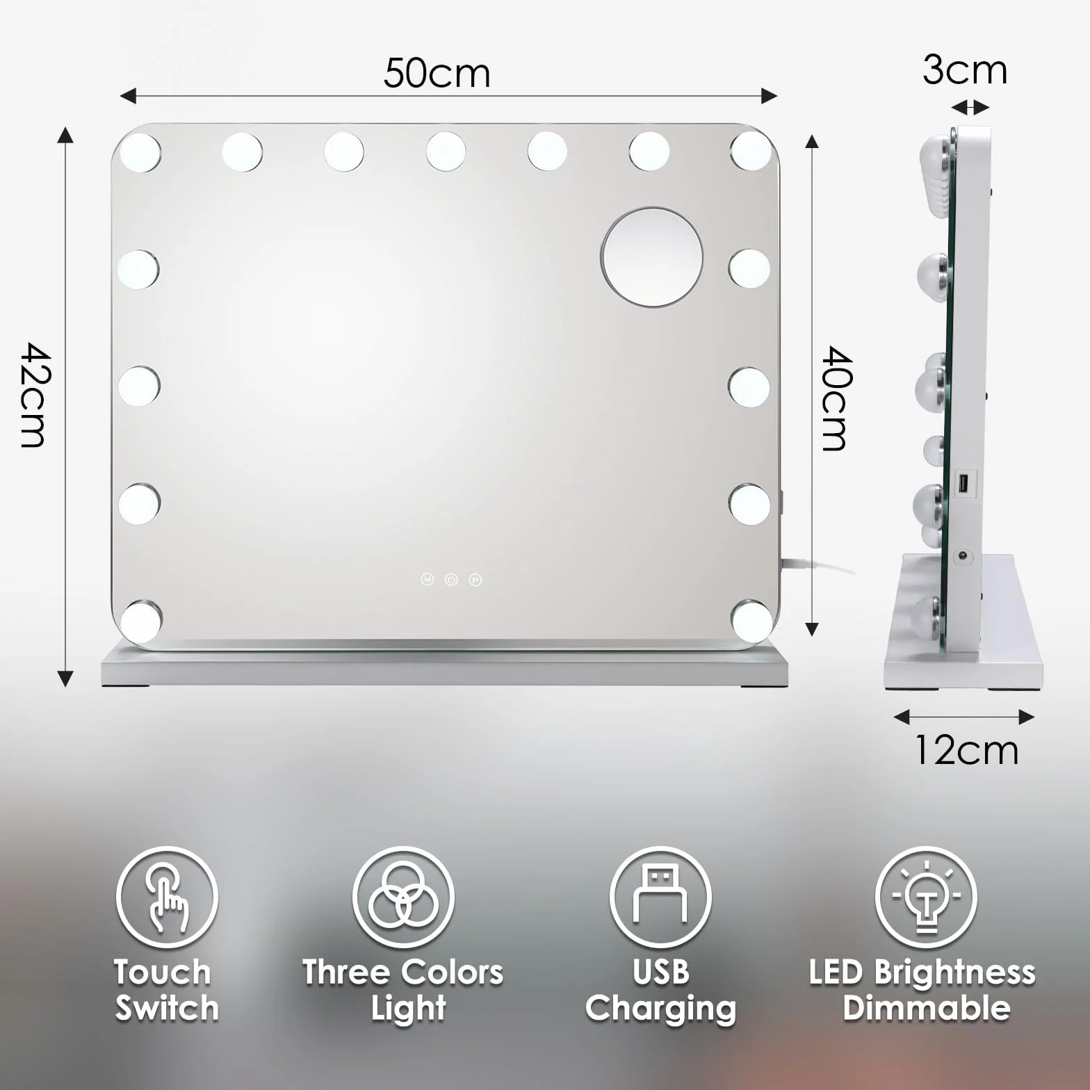 Lustro do makijażu z oświetleniem, 50 x 40 cm, lustro Hollywood, 15 ściemnianych diod LED, 3 tryby oświetlenia, sterowanie dotykowe i zdejmowana lupa, lustro stołowe do toaletki, lustro ścienne