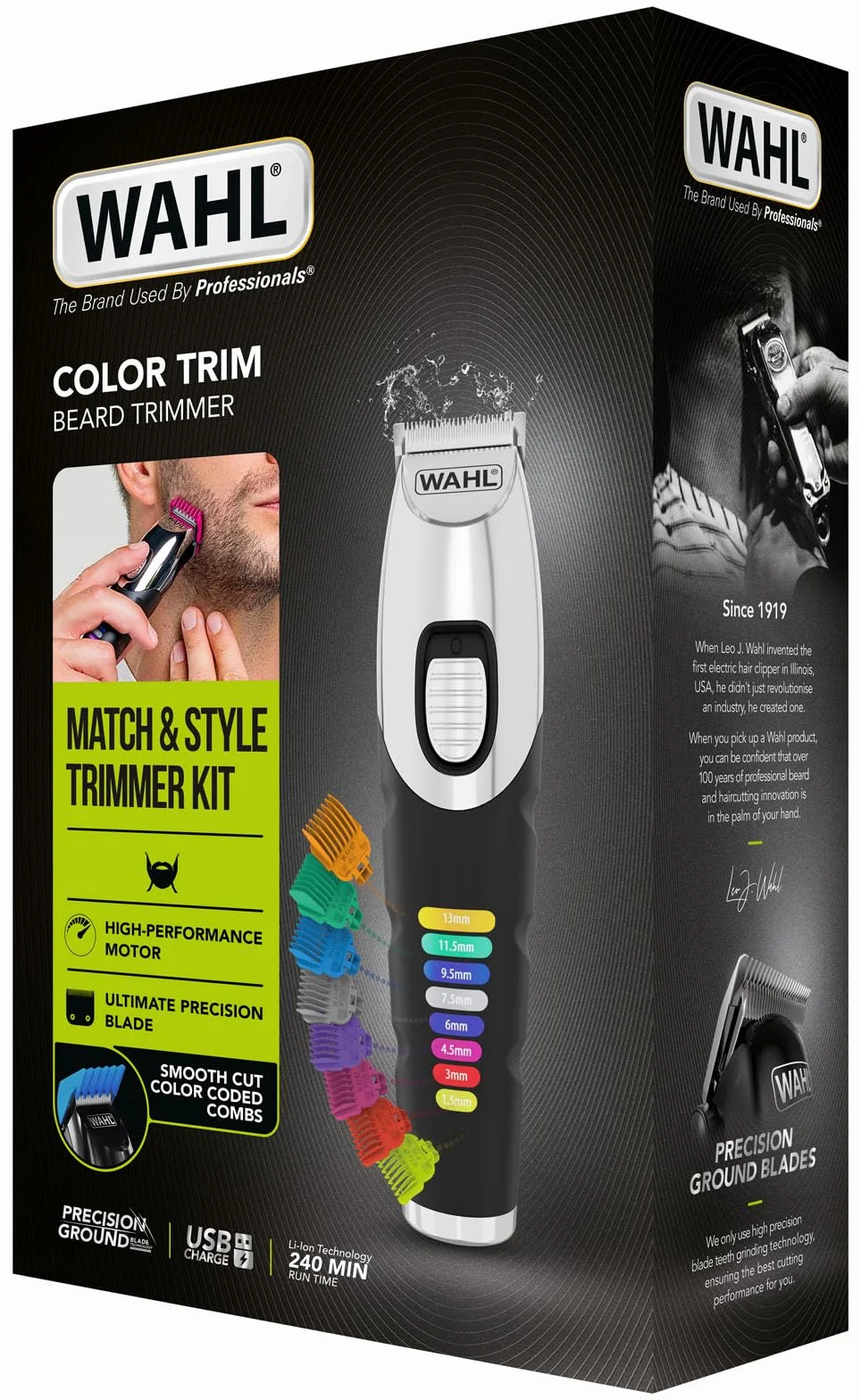 Wahl Color Trim Trymer Do Brody, Grzebienie Prowadzące z Kodami Kolorów, Czas Pracy 240 Min, Ładowarka USB, Precyzyjnie Szlifowane Ostrza