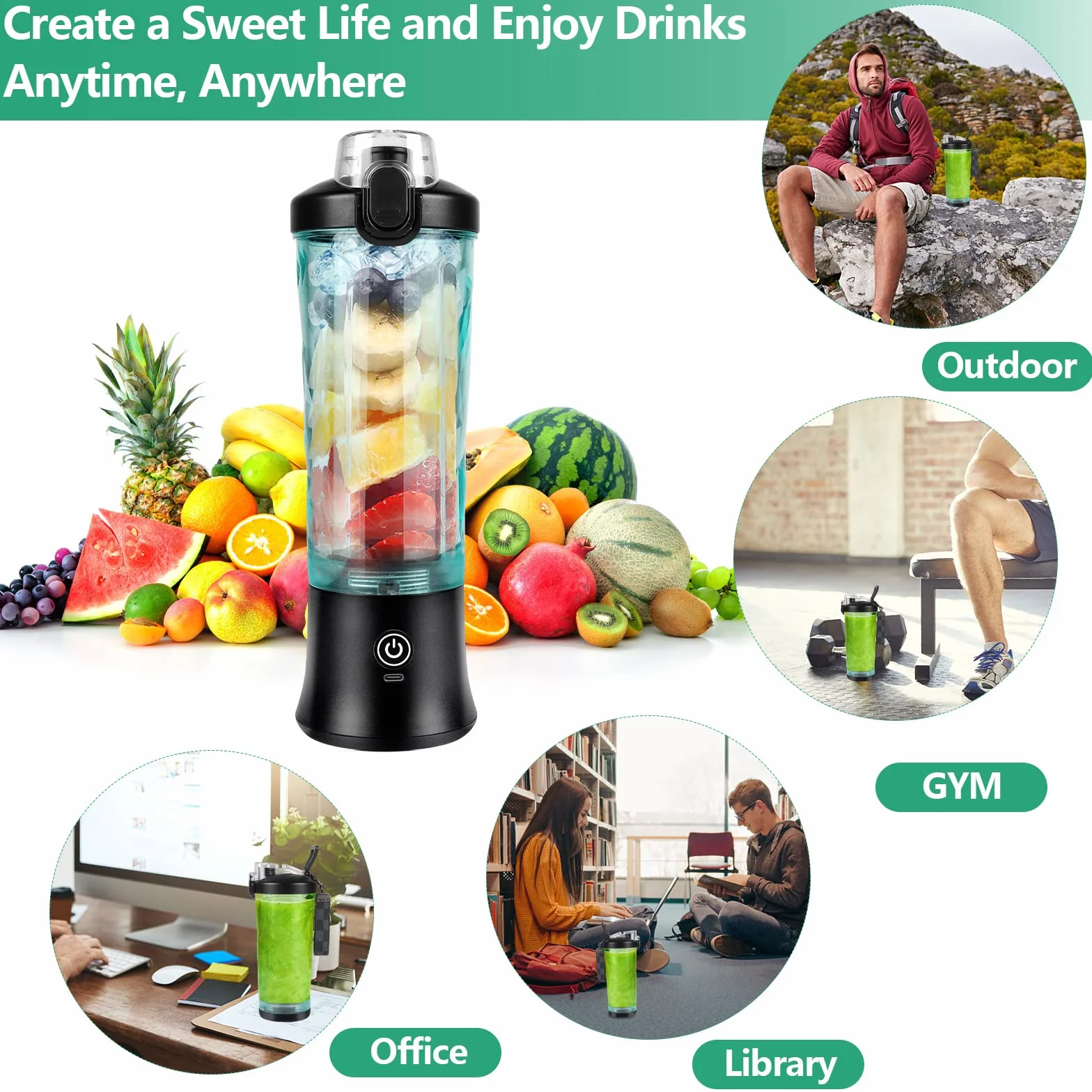 Dreamhigh® Blender Smoothie Maker, przenośny blender 600 ml do koktajli i koktajli z 6 ostrzami, mini blender 4000 mAh może wycisnąć 25 filiżanek soku do biura, na kemping i w podróż