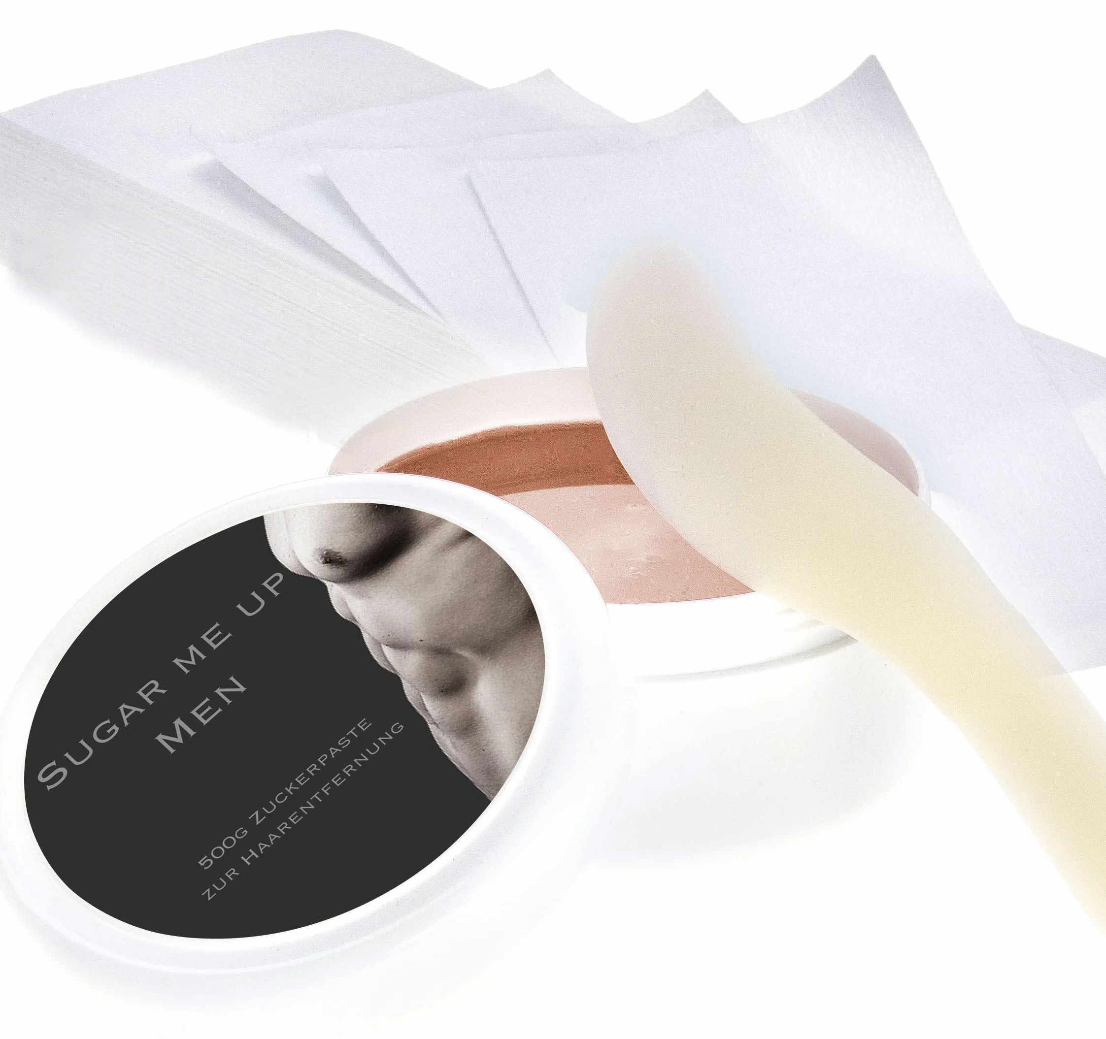 Sugaring pasta cukrowa Sugar me up! MEN Depilacja - bardzo mocna dla mężczyzn wraz z pastą 500 g, 50 paskami z włókniny, 1 szpatułką z tworzywa sztucznego, ilustrowana instrukcja obsługi, Made in