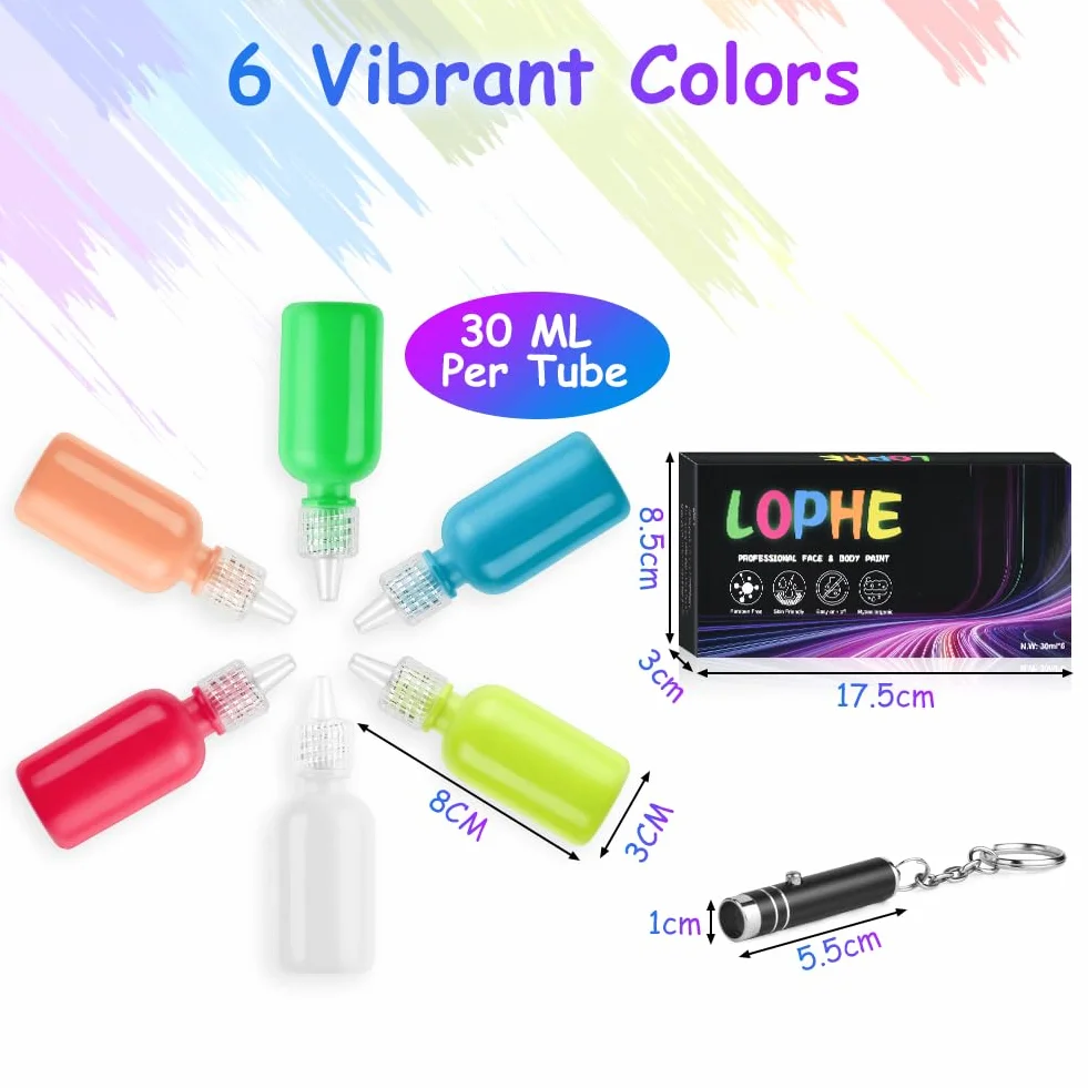 LOPHE Zestaw farb fluorescencyjnych, 6 x 30 ml, obraz z blaskiem UV, kolorowy neonowy zestaw do twarzy i ciała, Halloween, Boże Narodzenie, A
