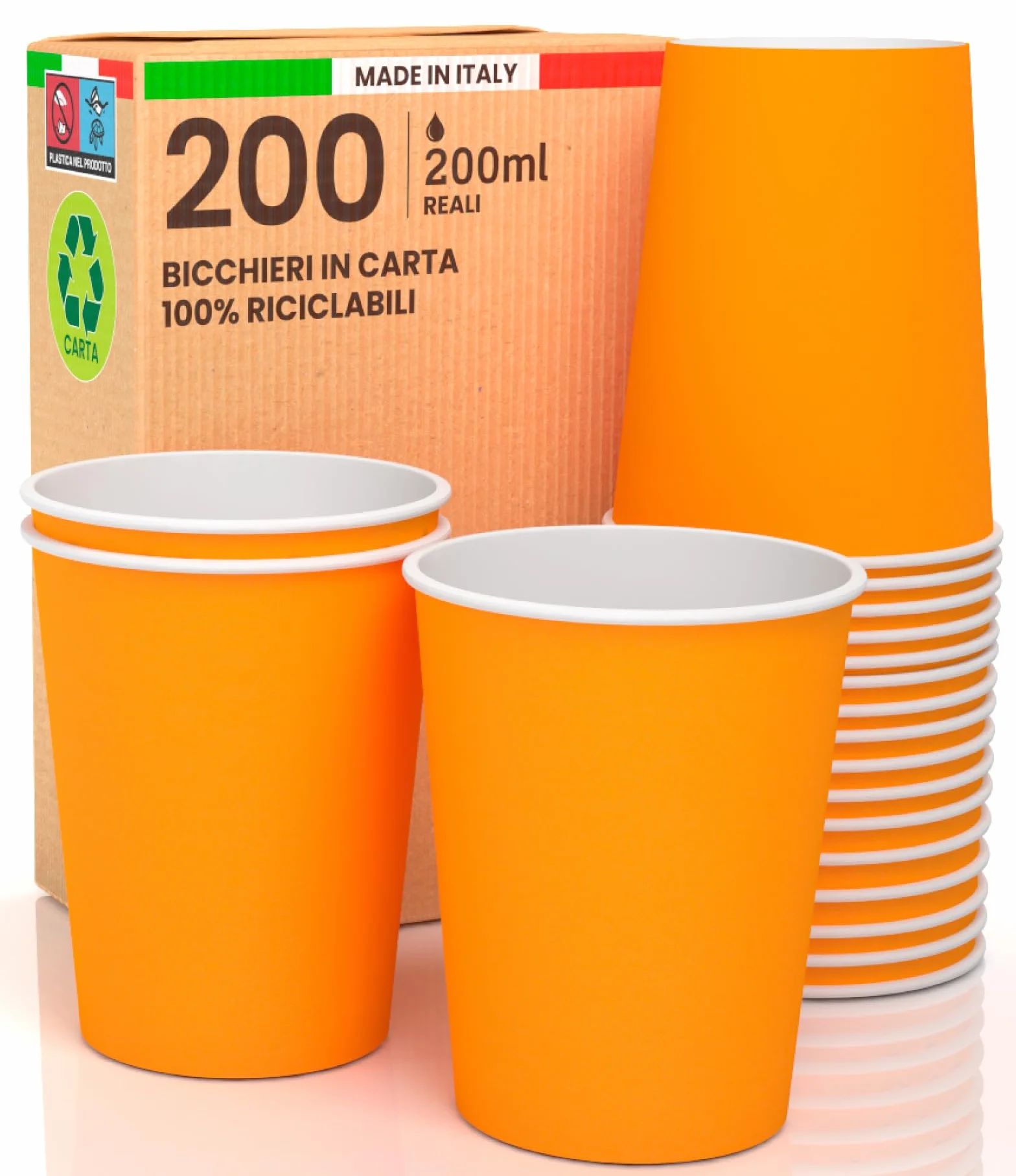 200 kubków papierowych 200 ml ekologicznych biodegradacji jednorazowe wyprodukowane we Włoszech na wynos gorące napoje kolorowe pomarańczowe - wyprodukowane i zapakowane we Włoszech