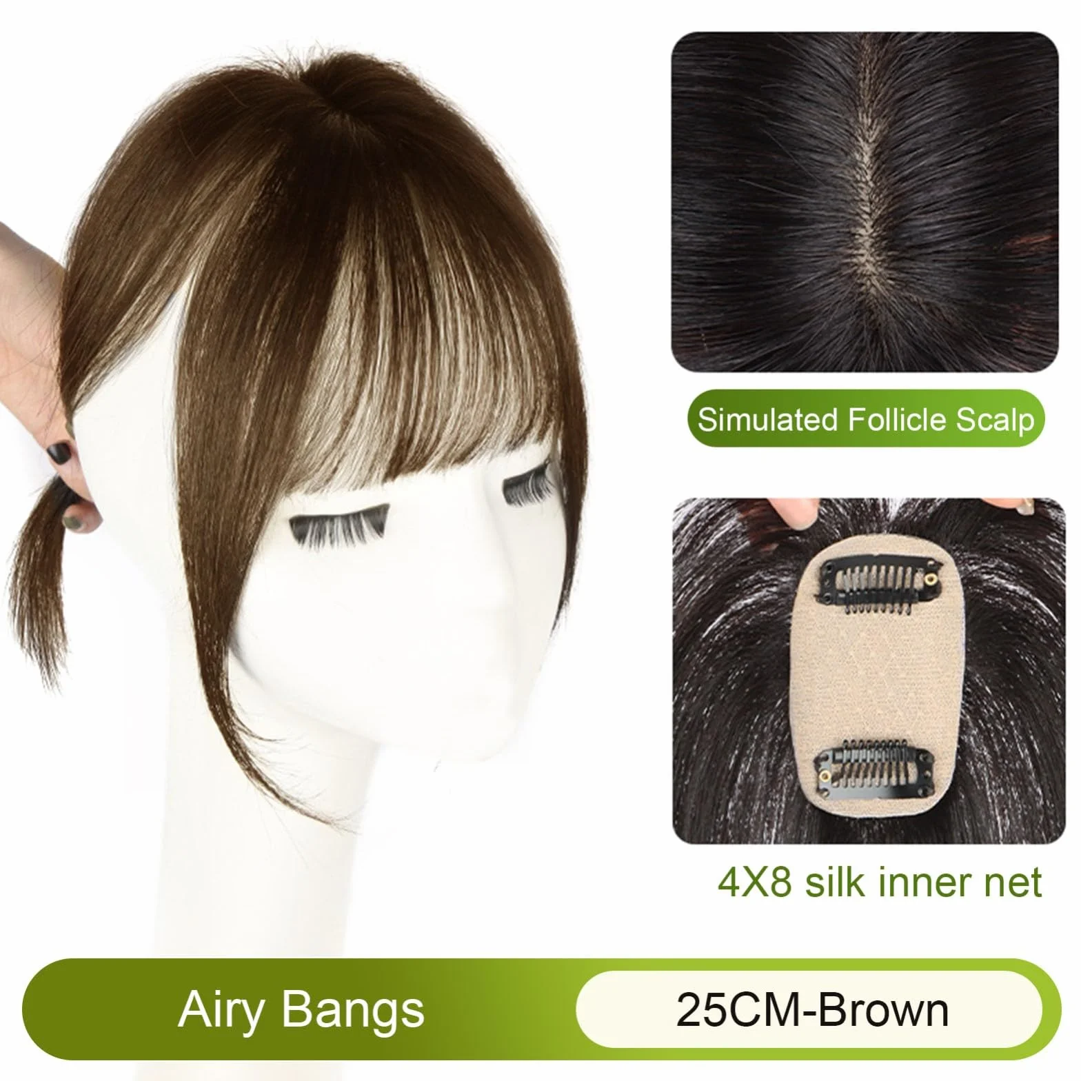 Topper z prawdziwych włosów dla kobiet, 9,8 cala Clip In Hair Topper z grzywką do codziennego użytku (brązowe, bangs)