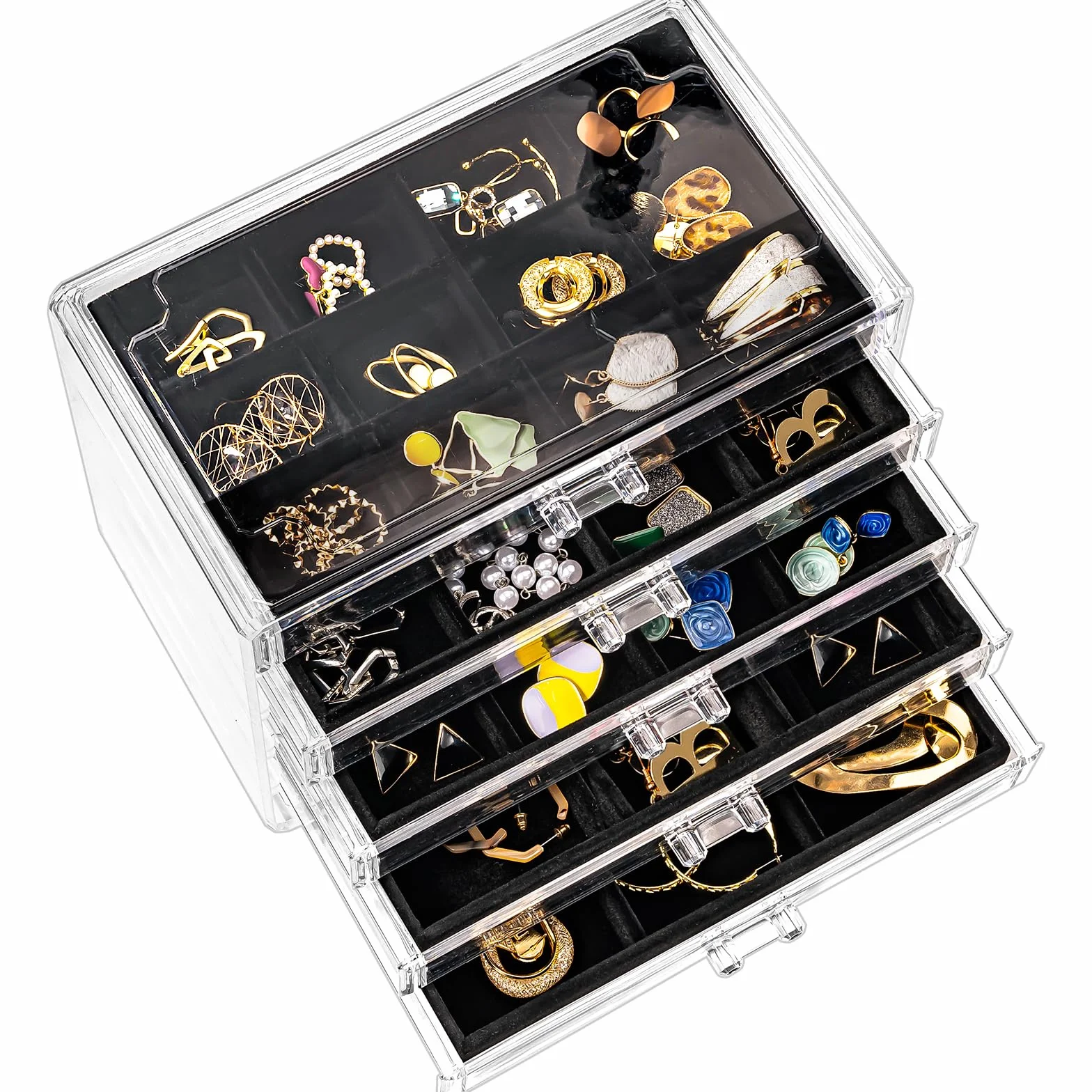 ProCase Organizer na kolczyki, pudełko na biżuterię z 5 szufladami, przezroczysty akrylowy etui na kolczyki z regulowanymi aksamitnymi tacami dla kobiet - czarny, 5 warstw
