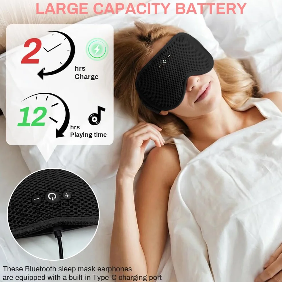 flintronic Maska na oczy Bluetooth – 3D, duża orbita, czarna