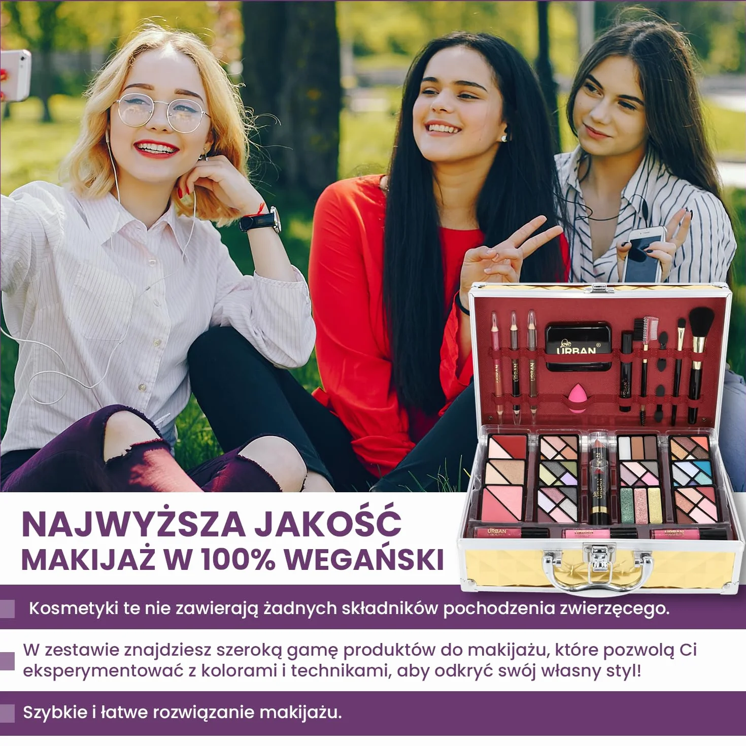 Wegański Makijaż Pudełko na Kosmetyki Love Urban Beauty Luxe Gold Touch Zestaw Upominkowy Podróżny 73 szt