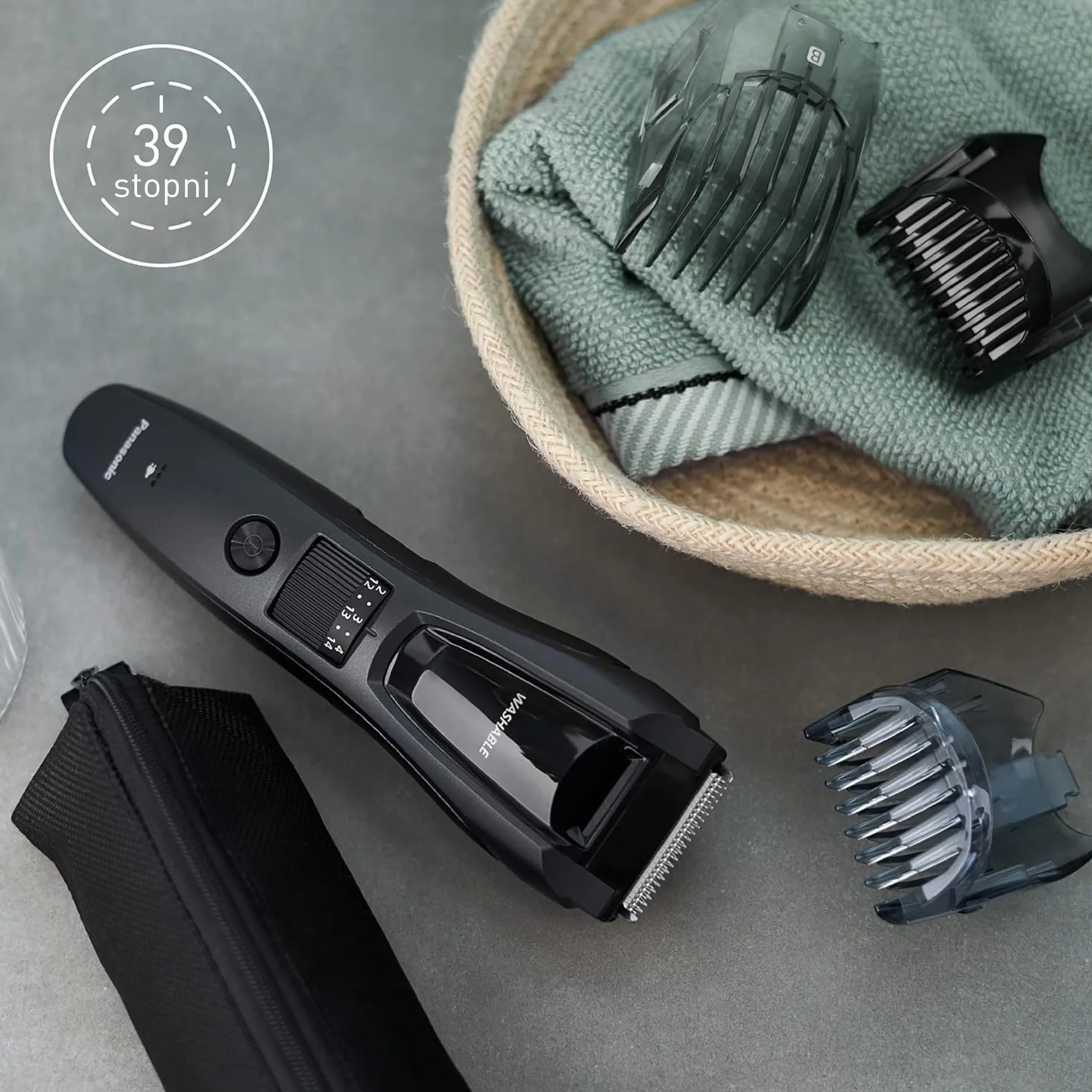 Panasonic ER-GB62 trymer do brody, włosów i ciała (39 ustawień długości, 3 nasadki grzebieniowe, 50 minut pracy, Japanese Blade Tech), szary