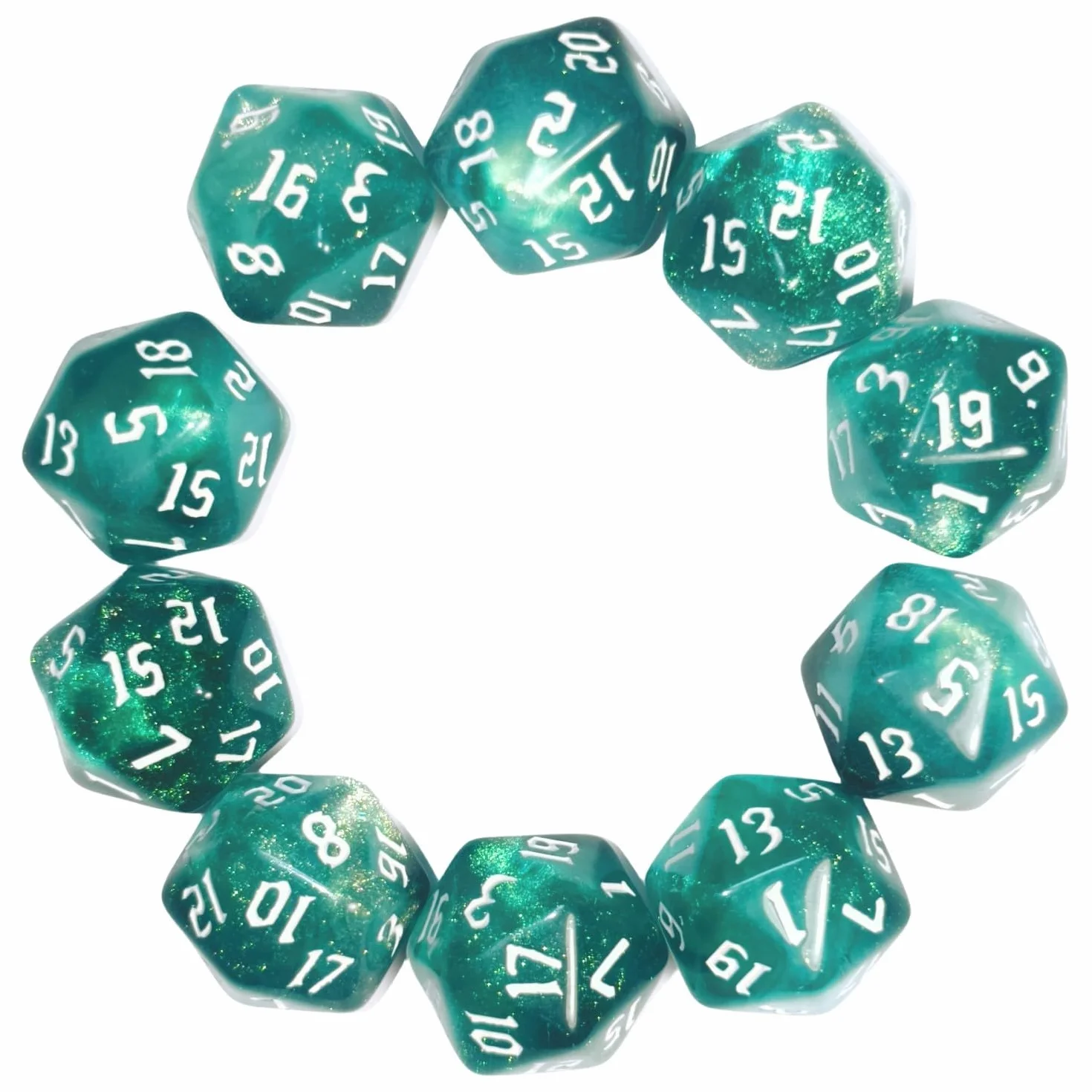 Dzxin DND Game D20 zestaw kości do gry, 10 szt., wielościenne kości D20, 20 mm, akrylowe, 20-stronne kości do gier RPG, MTG, DND, gry stołowe, zielone