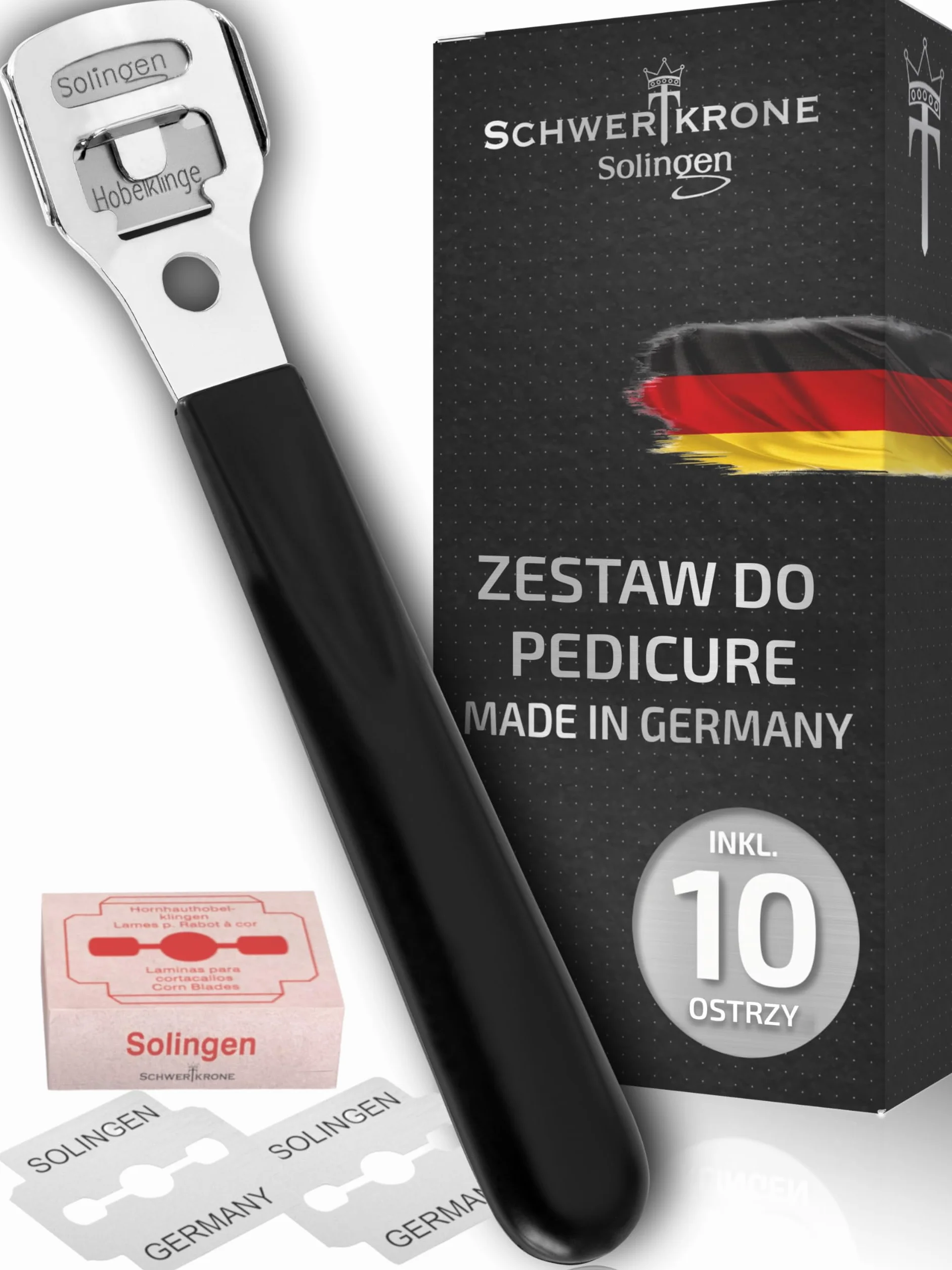 Schwertkrone Solingen strug do zrogowaciałego naskórka z 10 ostrzami/zapasowymi ostrzami do strugania zrogowaciałego naskórka – nierdzewny 10