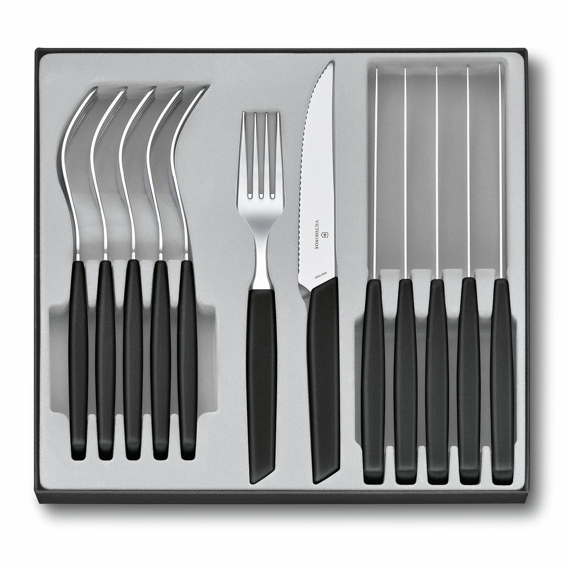 Victorinox Swiss Modern zestaw sztućców dla 6 osób, 12-częściowy, w zestawie ostre noże do steków ze szlifem falistym, uchwyty z tworzywa sztucznego, czarny