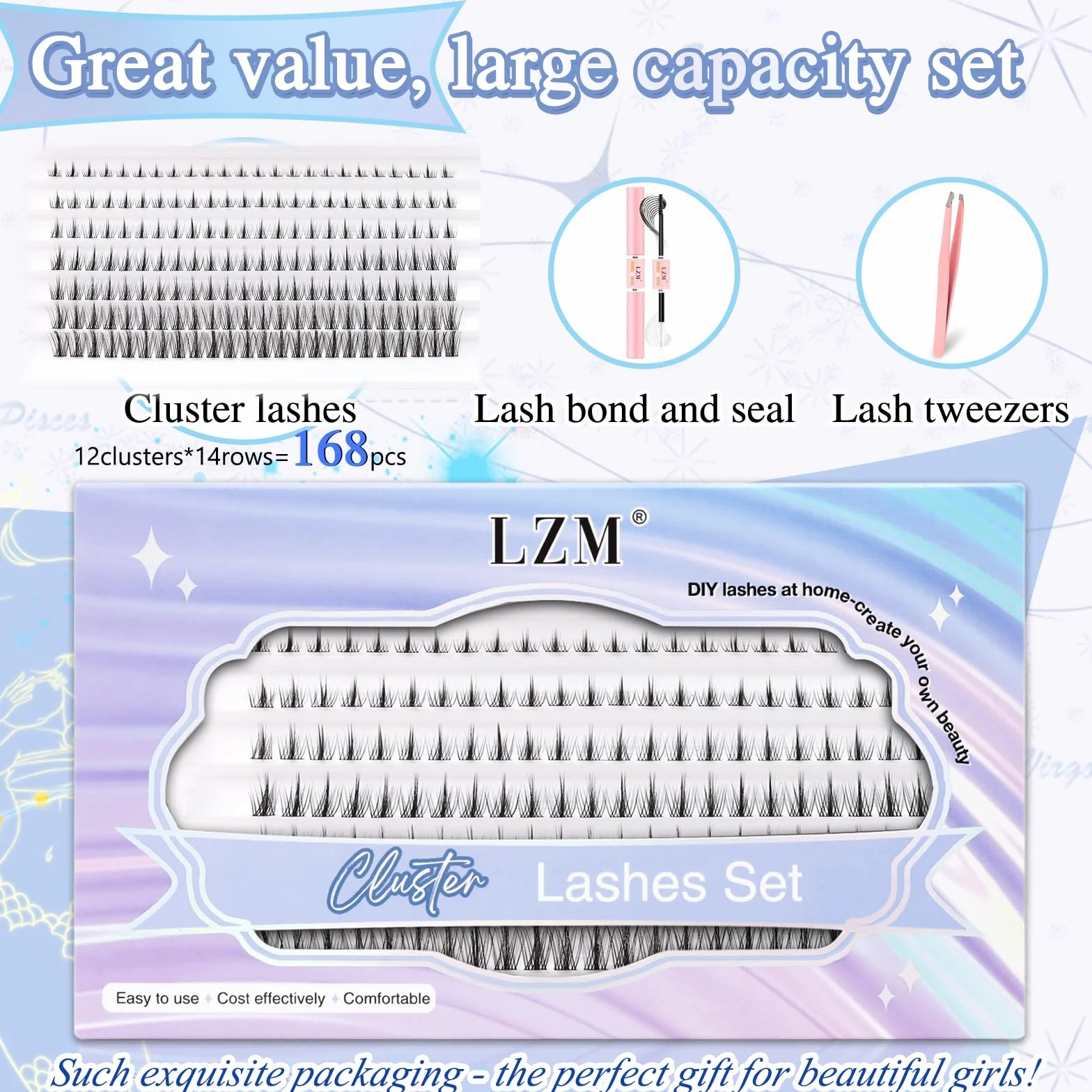 LZM Zestaw do Przedłużania Rzęs 168 Szt. D Curl 8-16 mm Manga Naturalne Sztuczne Rzęsy z Wiązaniem Laserowym