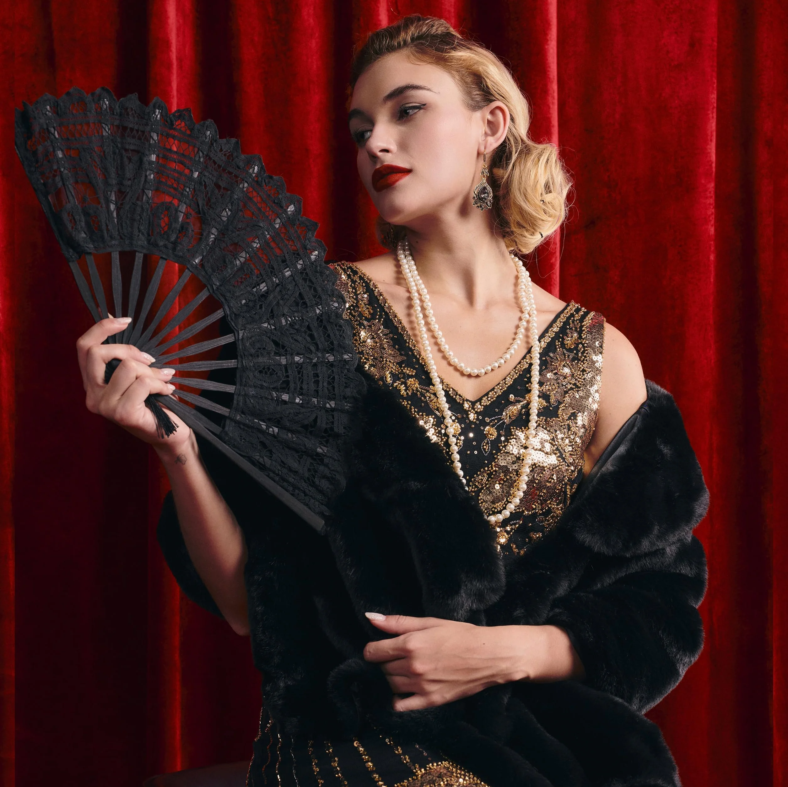 BABEYOND Wachlarz koronkowy vintage Gatsby, haftowany bawełniany, czarny