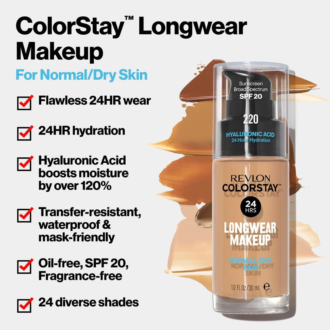 Revlon ColorStay podkład do skóry normalnej i suchej, z ochroną przeciwsłoneczną SPF 20, trwała, bezolejowa formuła (30 ml), 180 piaskowy beżowy