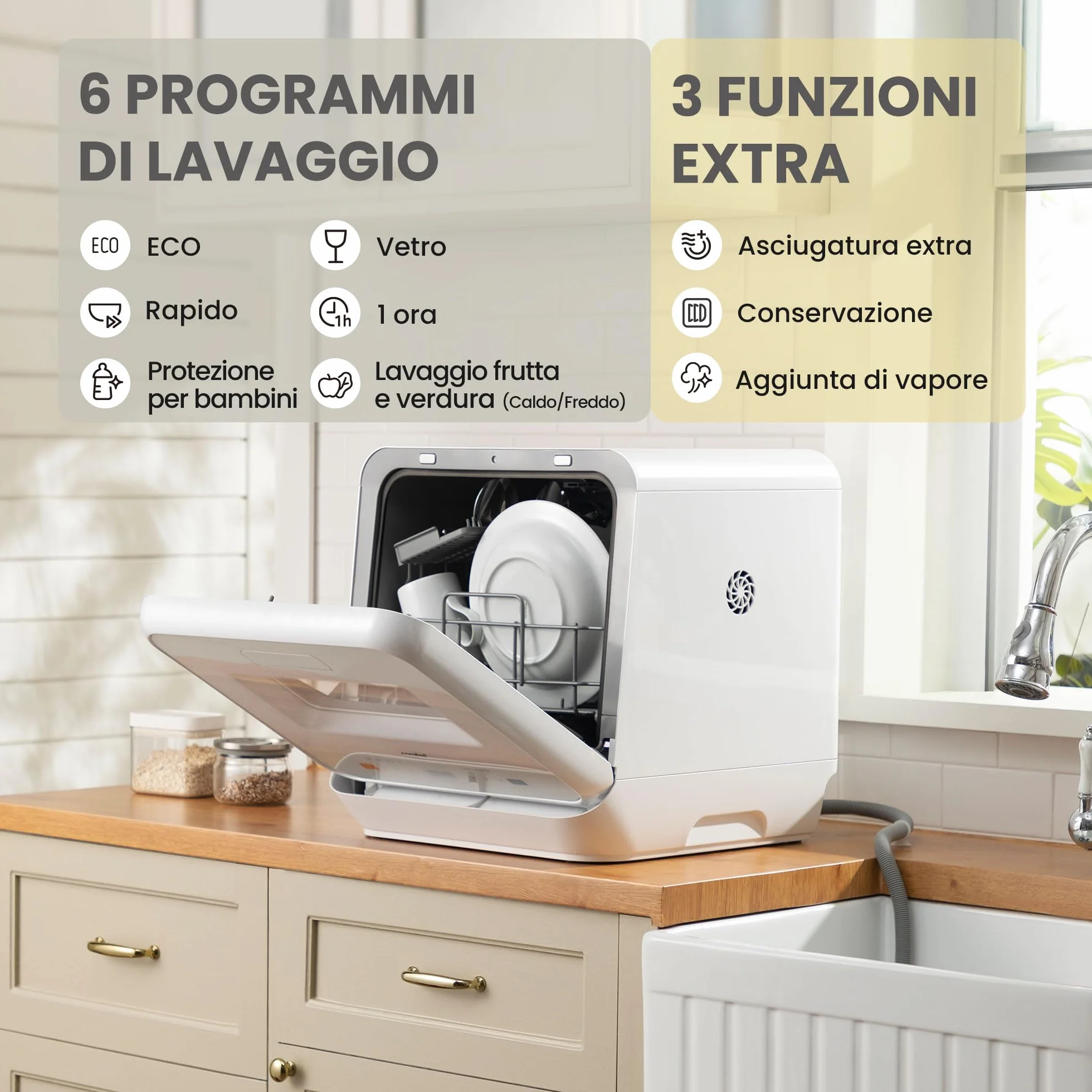 COMFEE ' Zmywarka na blacie, mini zmywarka stołowa z 6 programami, mycie parą, pielęgnacja niemowląt i mycie owoców, bez hydrauliki, opóźniony start, 72 godziny przechowywania, biały