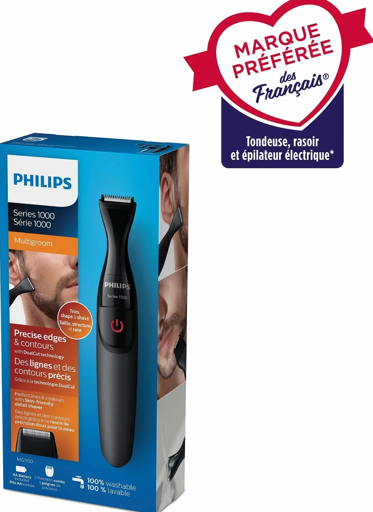 Philips Multigroom series 1000 MG1100/16, Niezwykle precyzyjny, trymer do brody, Precyzyjny trymer DualCut, Precyzyjna golarka, Możliwość mycia w wodzie, bateria AA, 3 precyzyjne nasadki