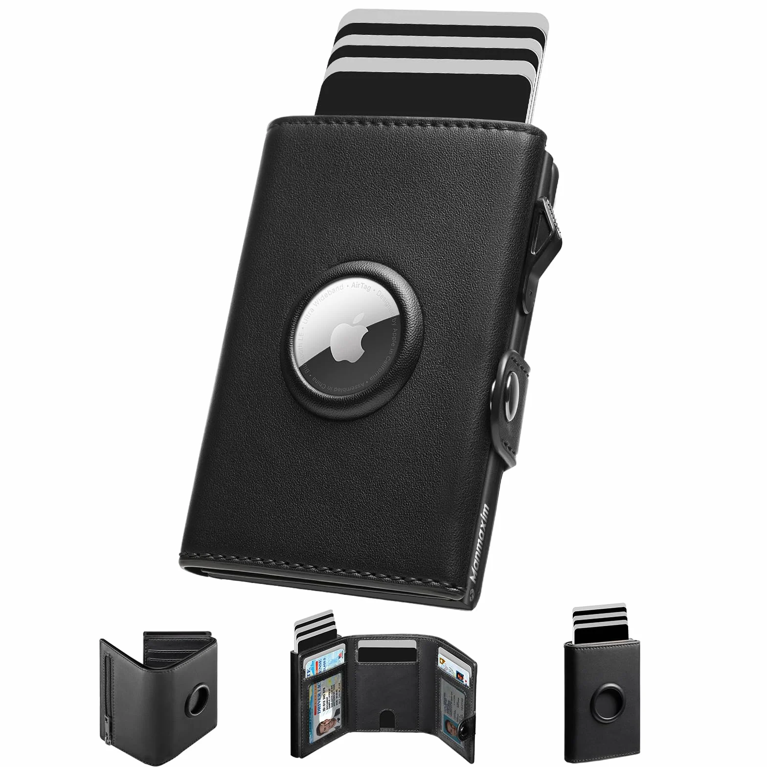 Portmonetka męska Apple Airtag Wallet, RFID Smart Wallet for Men, kompaktowy Air Tag portfel męski na 12 kart, portfel na karty pop-up, z kieszenią na monety i okienkiem 2 ID, A001 - czarny