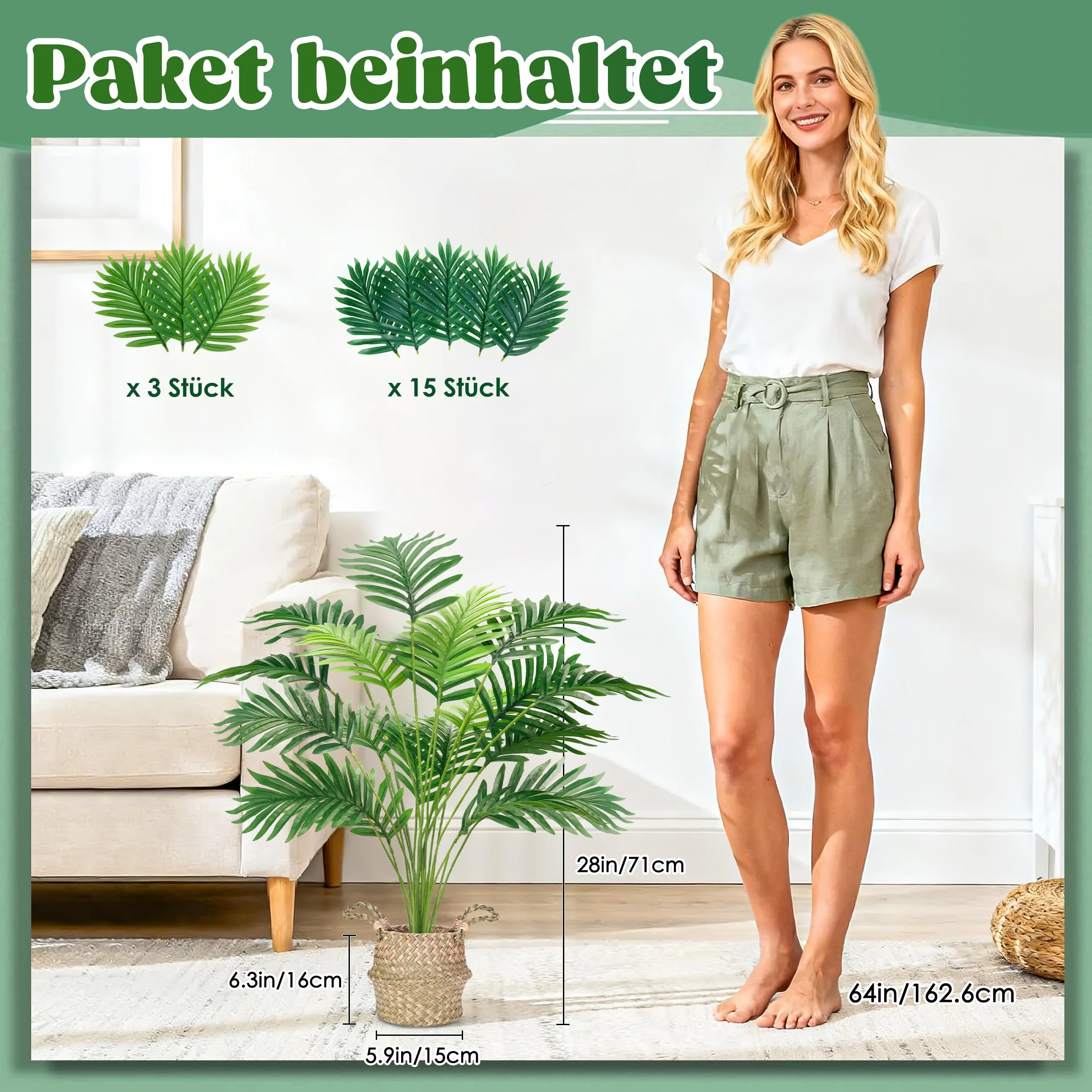 Der Rose Sztuczna palma, 71 cm wysokości, sztuczna roślina, doniczkowa, sztuczna Areca, drzewo z ręcznie tkanymi koszami z uchwytami, do wnętrz, na zewnątrz, do domu, biura, sypialni, werandy, balkonu