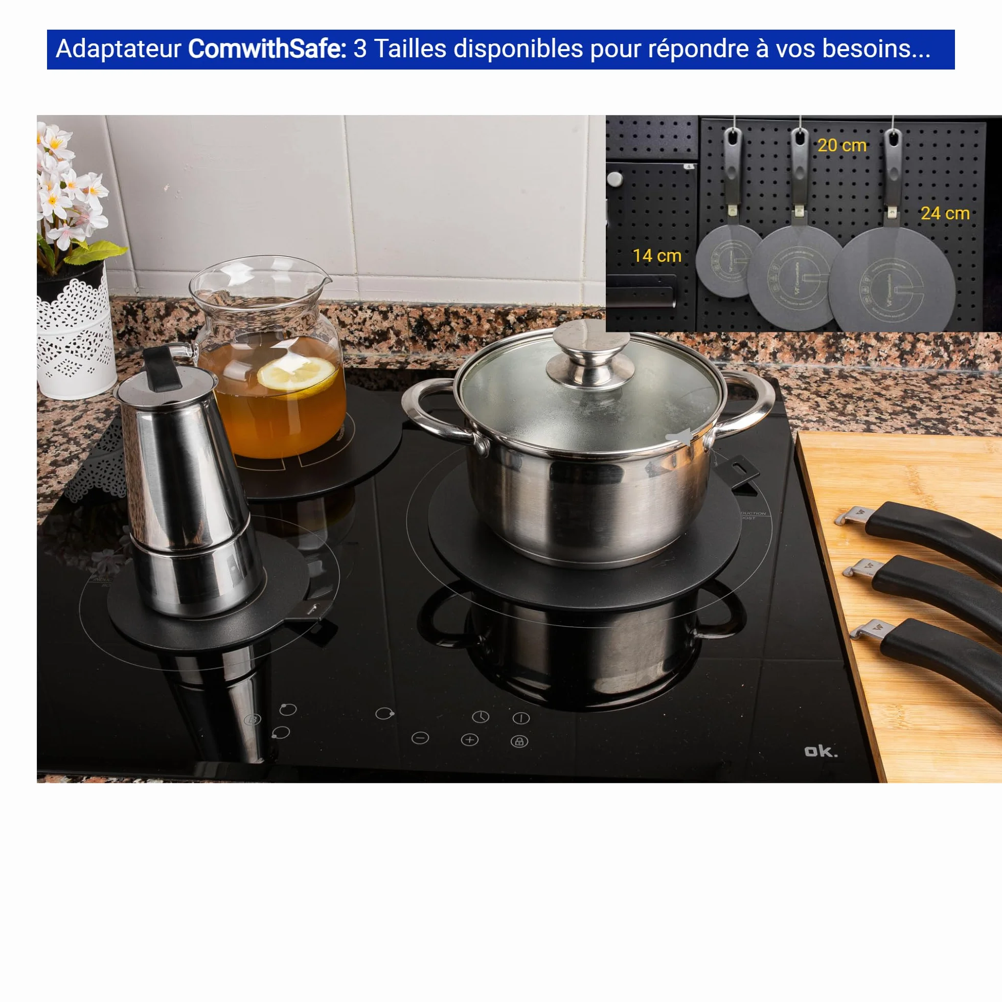 ComwithSafe Adapter indukcyjny 20 cm, zdejmowany uchwyt izolacyjny, nie zmienia koloru po użyciu, płyta rozdzielająca ciepło z czarną powłoką wysokotemperaturową, tarcza indukcyjna/gazowa