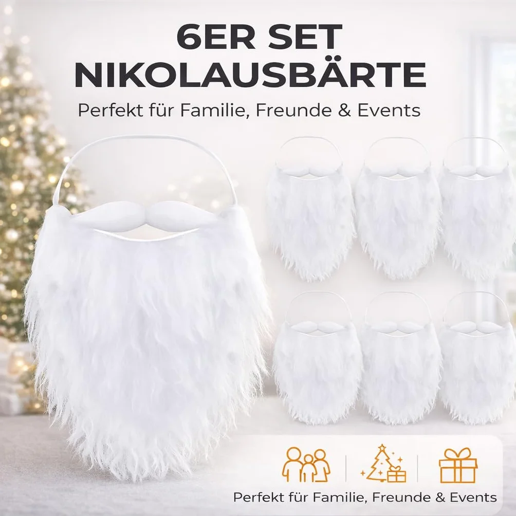 MERRYXMAS 6 x broda Biała do przebrania za mikołaja - akcesoria Świętego Mikołaja - Boże Narodzenie