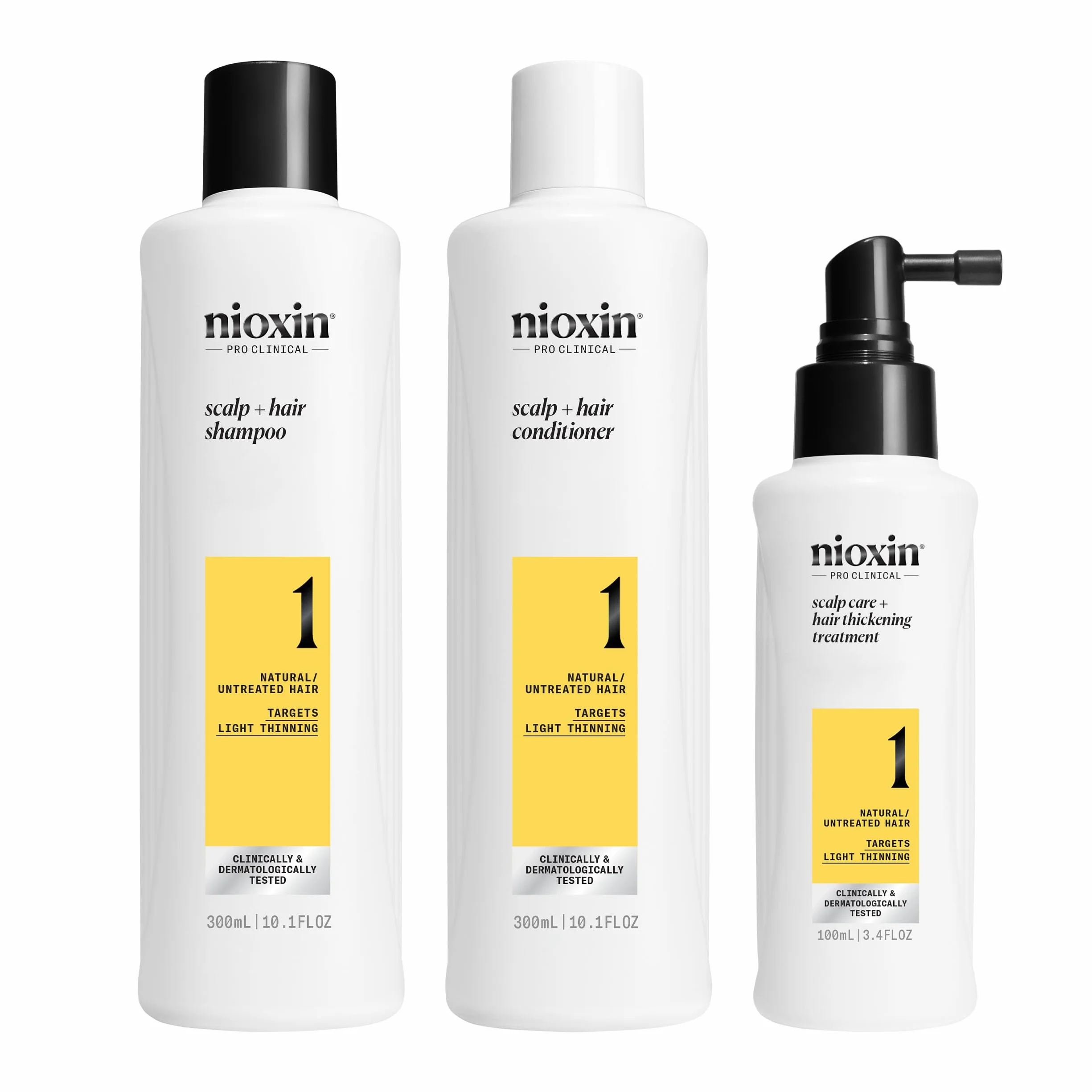 Nioxin Scalp + system zagęszczania włosów, 1 zestaw do trefazy - do włosów naturalnych z łagodnym przerzedzaniem - szampon, odżywka i pielęgnacja skóry głowy (300 + 300 + 100 ml)