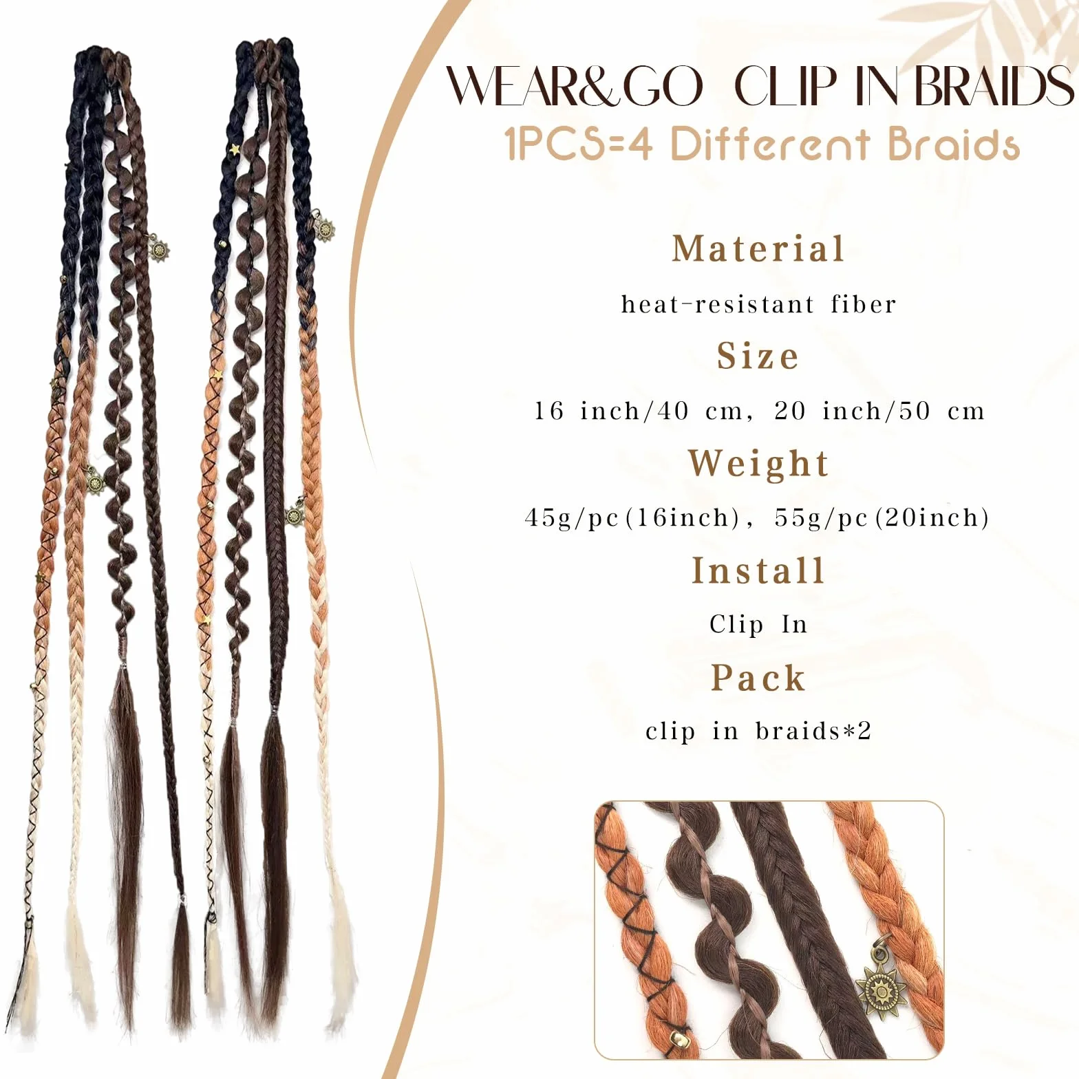 Clip in Braids 2 Sztuki Bohemian Braid Extensions z Klipsami 16 Calowe Syntetyczne Plecione Treski z Koralikami do Codziennych Stylizacji