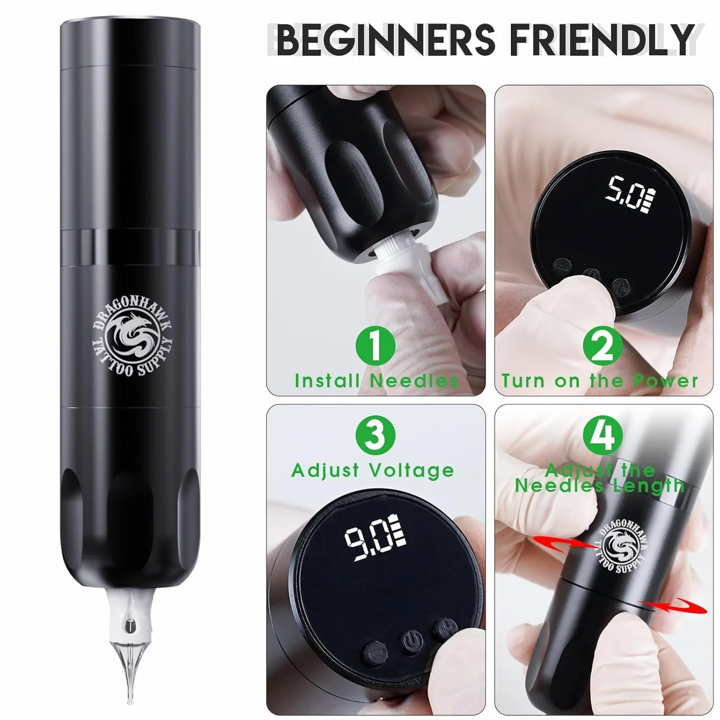 Dragonhawk Tattoo Kit X3 Wireless Tattoo Machine Pen Tattoo Gun with 1500mAh Battery Cartridge Needles Included, Complete Kit for Beginners