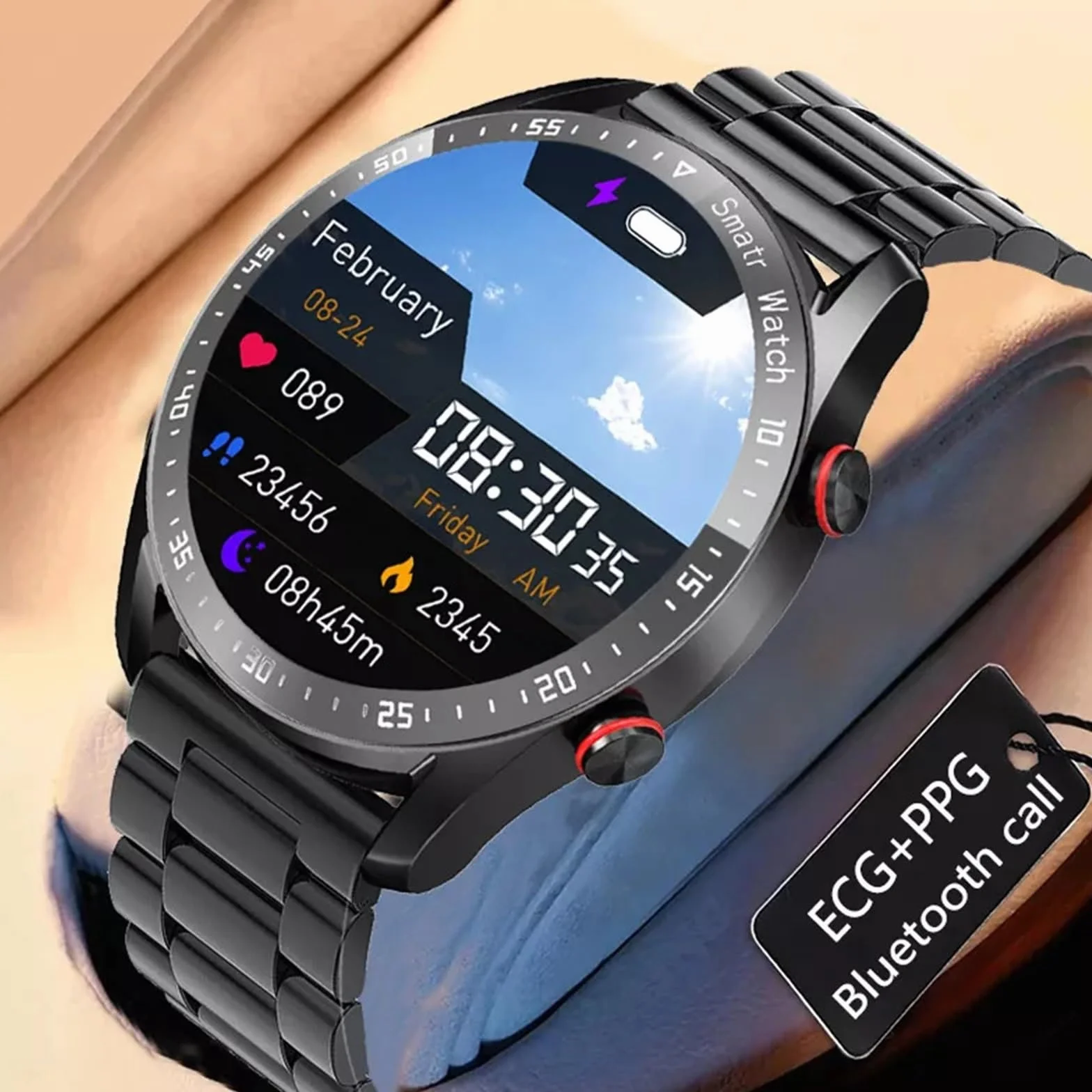 Inteligentny Zegarek Bluetooth Call Mężczyźni Wodoodporny Wyświetlacz Sportowy Fitness Męski Smartwatch (Color : Steel strip silver)
