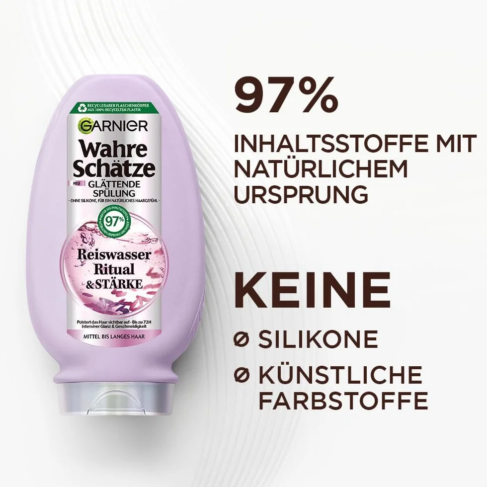 Garnier True Schätze zestaw do pielęgnacji włosów z wodą ryżową do włosów średniej długości, dla uzyskania połysku i gładkości, szampon (250 ml), odżywka (200 ml), 1-minutowa kuracja do włosów (340