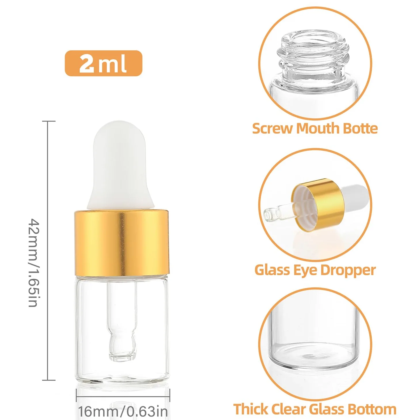 50 szt. mini szklanych buteleczek z kroplomierzem 2 ml – złote zakrętki, idealne na nalewki, olejki eteryczne, perfumy i płyny – z pipetą i lejkiem