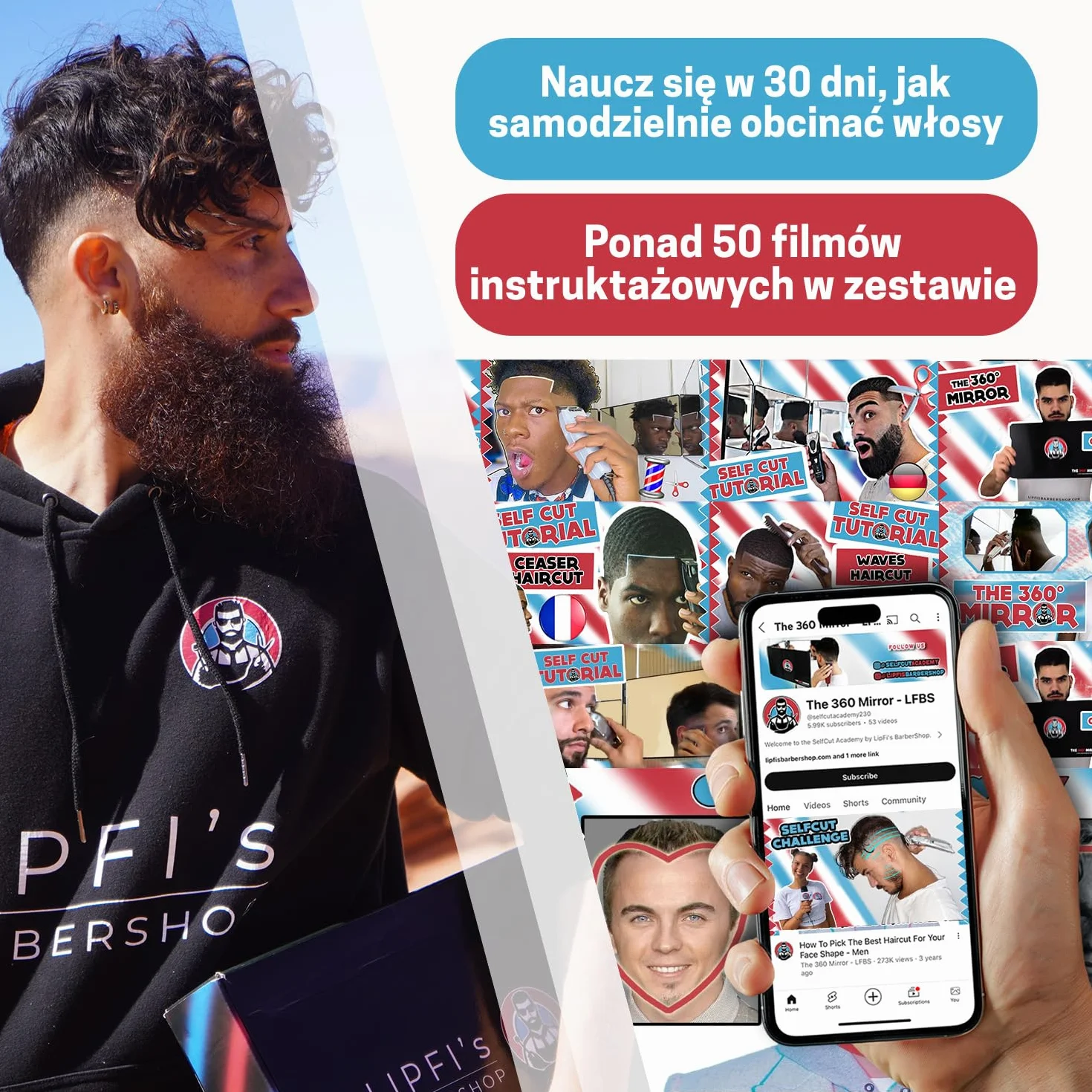 LIPFISBARBERSHOP.com Lustro 360° ze statywem, regulowanymi haczykami i tacką: 3-stronne przenośne składane lustro podróżne z 4 diodami LED, ładowaniem USB-C do strzyżenia, golenia, makijażu i toaletki
