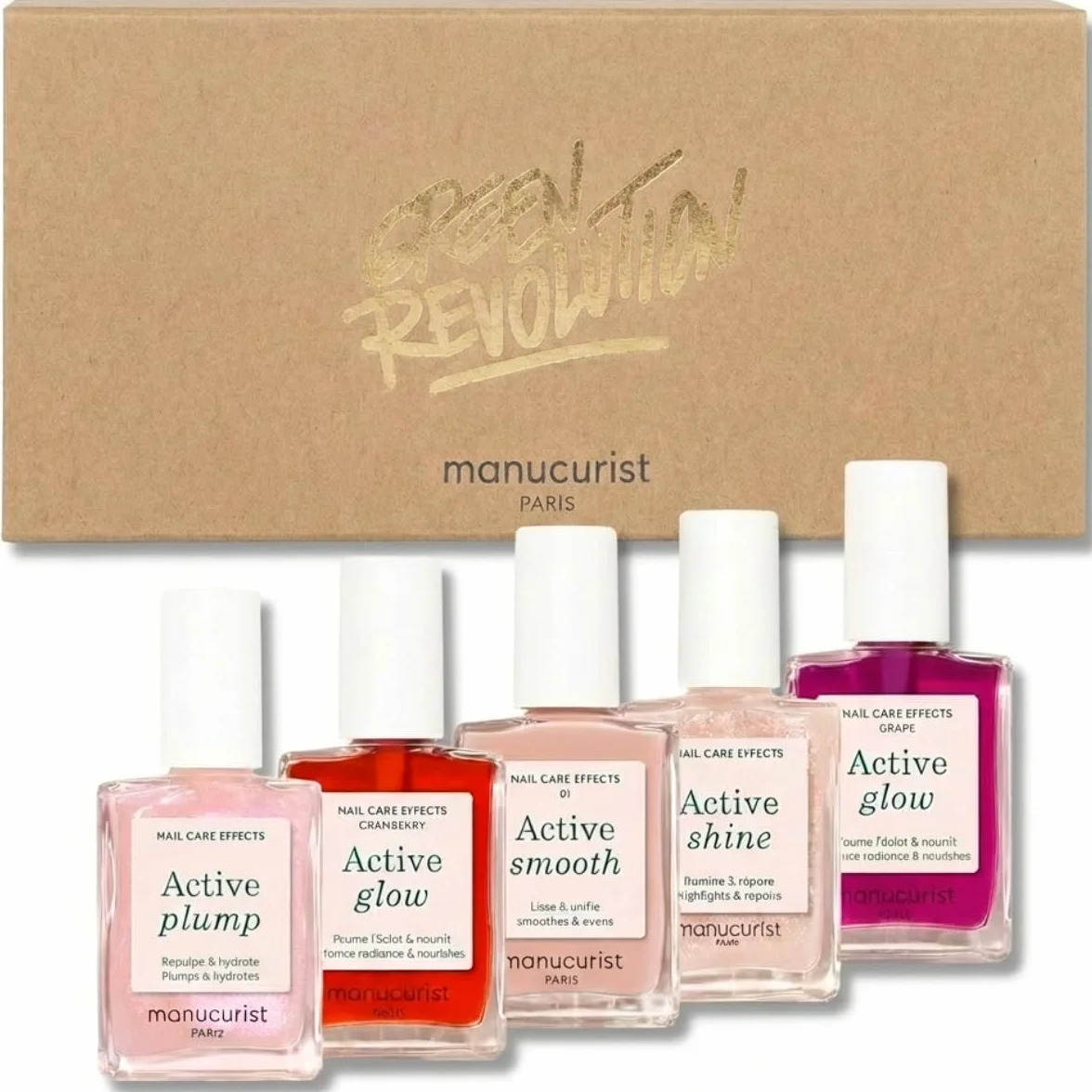 Manucurist – Zestaw 5 pielęgnacyjnych lakierów do paznokci Rainbow Active, zawiera 5 lakierów wzmacniających paznokcie: Plump, Cranberry, Smooth 001, Shine, Grape – Zestaw prezentowy dla kobiet