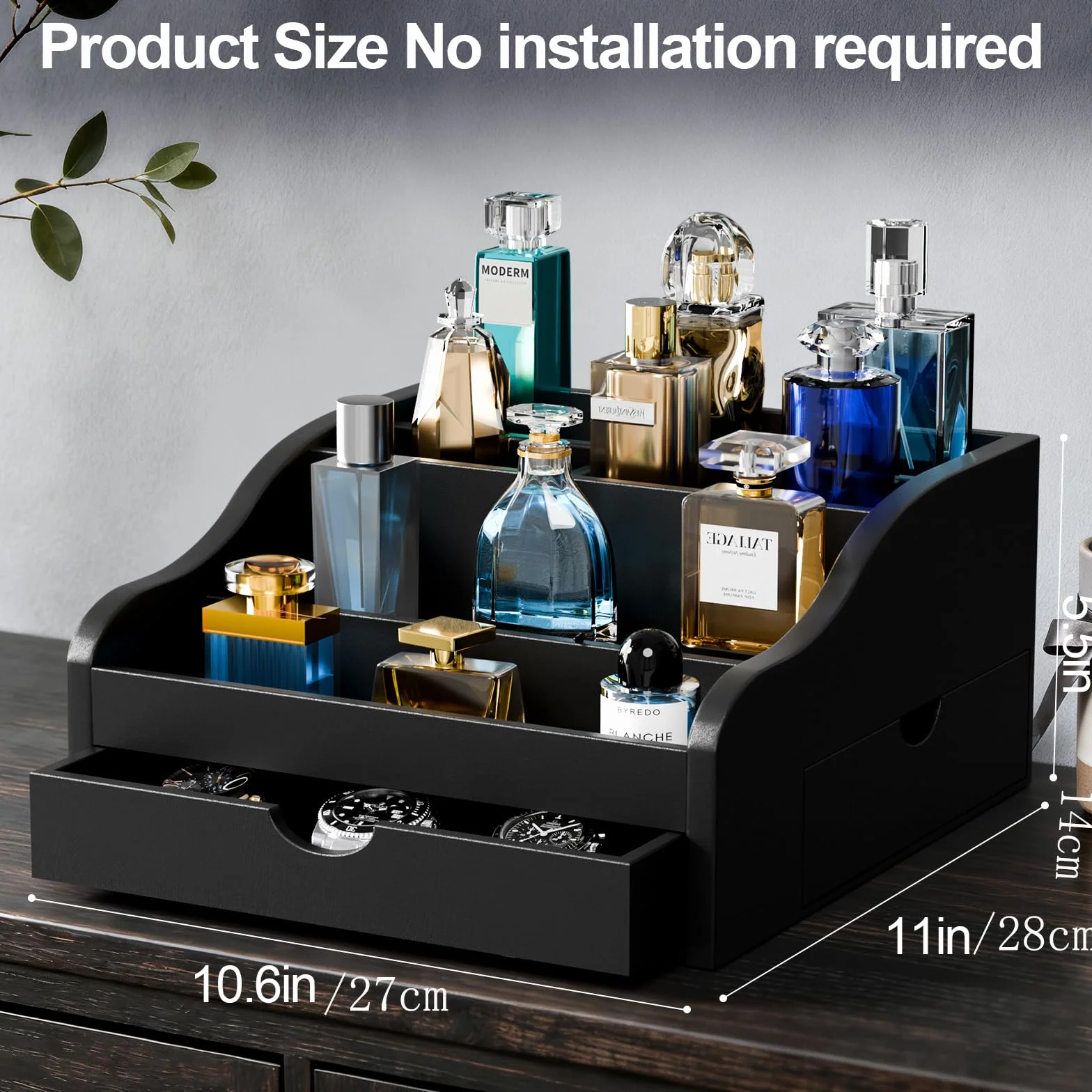 Köln organizer na perfumy, 4-stopniowy stojak na perfumy, organizer kosmetyczny z 2 szufladami i ukrytą przegródką, wielofunkcyjny, drewniany, regał na perfumy, na figurki, biżuterię
