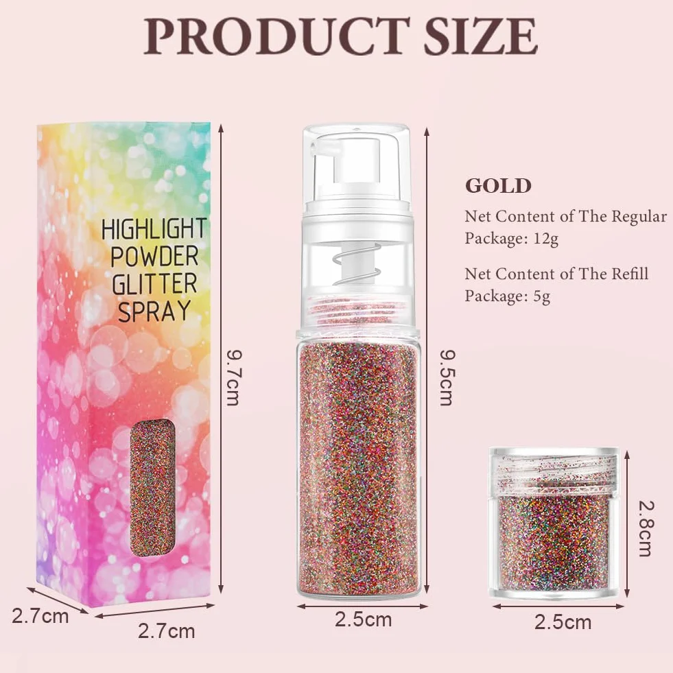 AOOWU Brokat w sprayu, brokat do ciała i włosów z 1 wkładem, brokatowy spray do makijażu w proszku, ultracienki brokat w proszku na Halloween, klub, imprezy, 17 g (kolorowy laser)