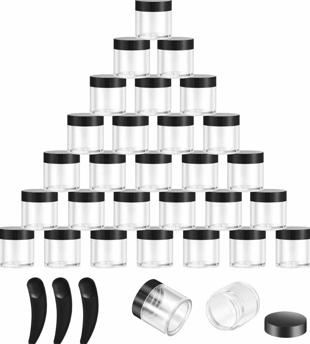 30 Sztuk Pustych Pojemników na Krem z Pokrywkami, Mini Słoiczki Kosmetyczne, 10 ml Pojemniki na Balsam do Ust z 3 Mini Łopatkami, Zestaw Próbek Podróżnych dla Sztuki Paznokci, Kremów - Czarny
