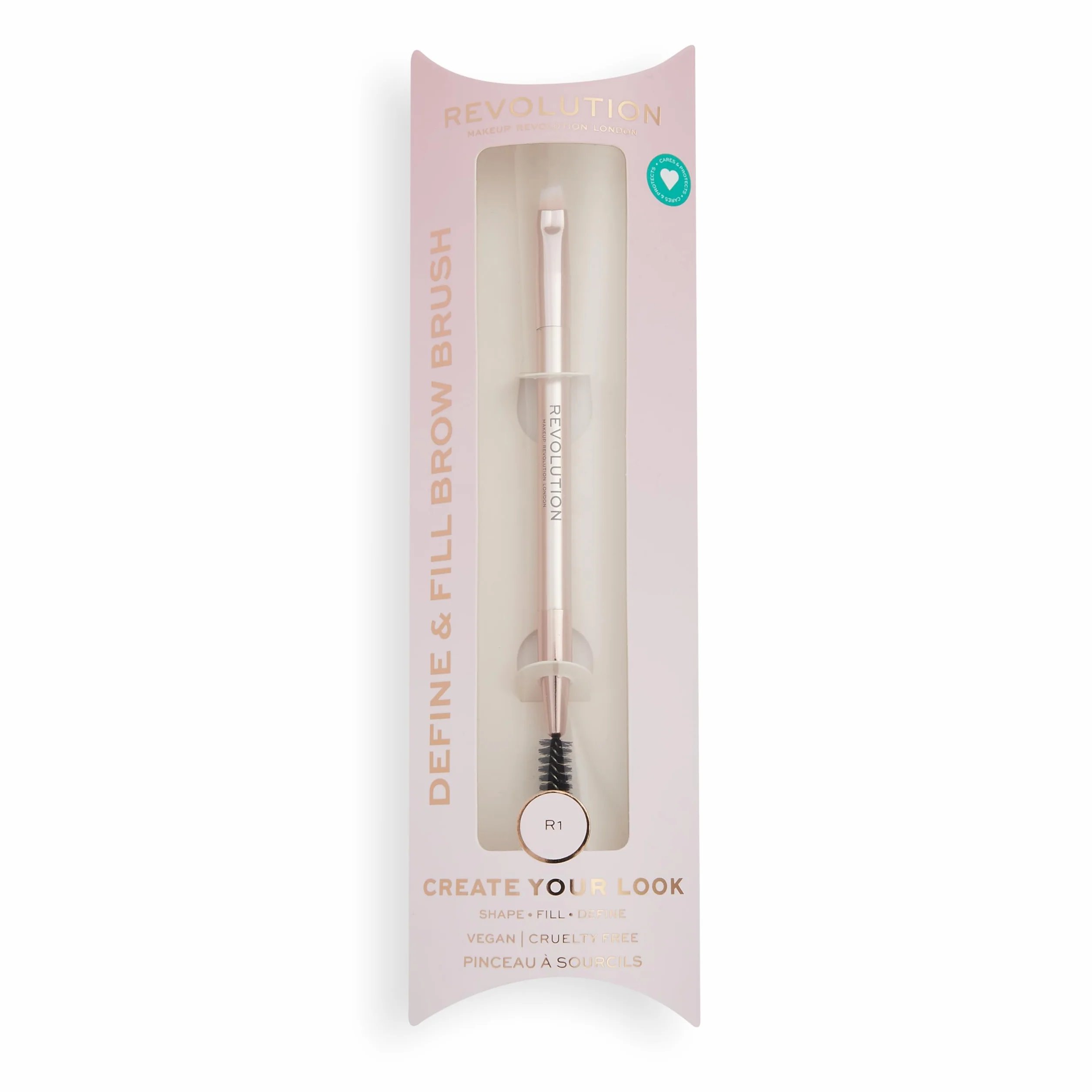 Revolution, Create Define & Fill Brow Brush (R1), aplikator do makijażu brwi, dwustronny z końcówką szpuli, wegański i wolny od okrucieństwa