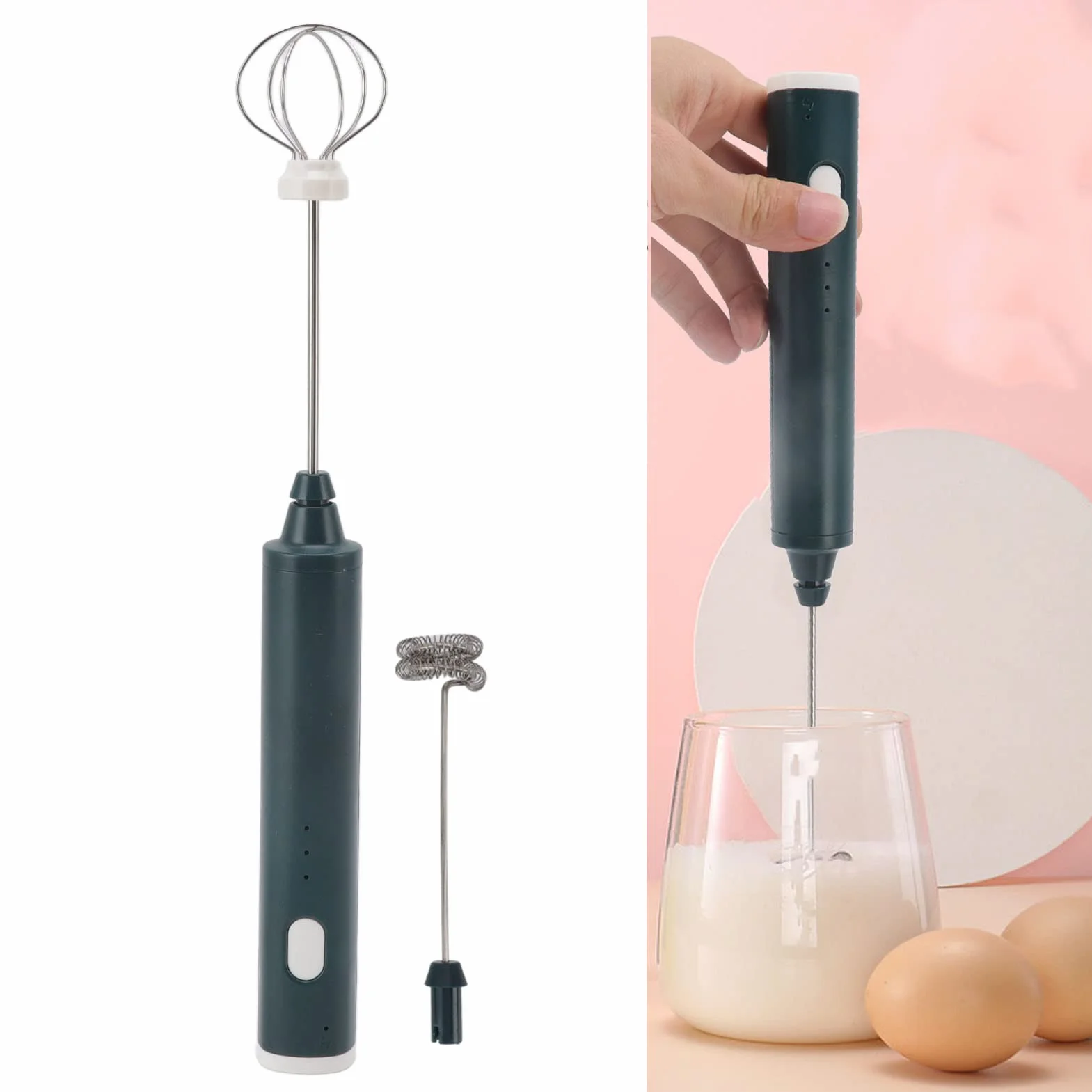 Spieniacz do Mleka, Akumulator Ręczny Elektryczny Mikser do Kawy z 2 Trzepaczkami ze Stali Nierdzewnej Urządzenie do Robienia Pianki Blender do Matcha Latte Cappuccino (Czerniawa zieleń)
