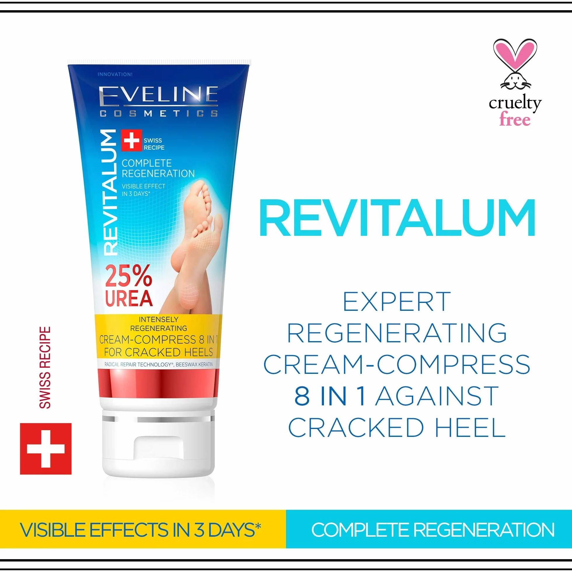 Eveline Cosmetics Revitalum Krem-Kompres Na Popękane Pięty 8 w 1 | 75 ml | Nawilżający Krem ​​Do Stóp Na Popękane Pięty | 25% MOCZNIKA | Formuła Szybko Wchłaniająca Się | Orzeźwiający Ekstrakt z Mięty
