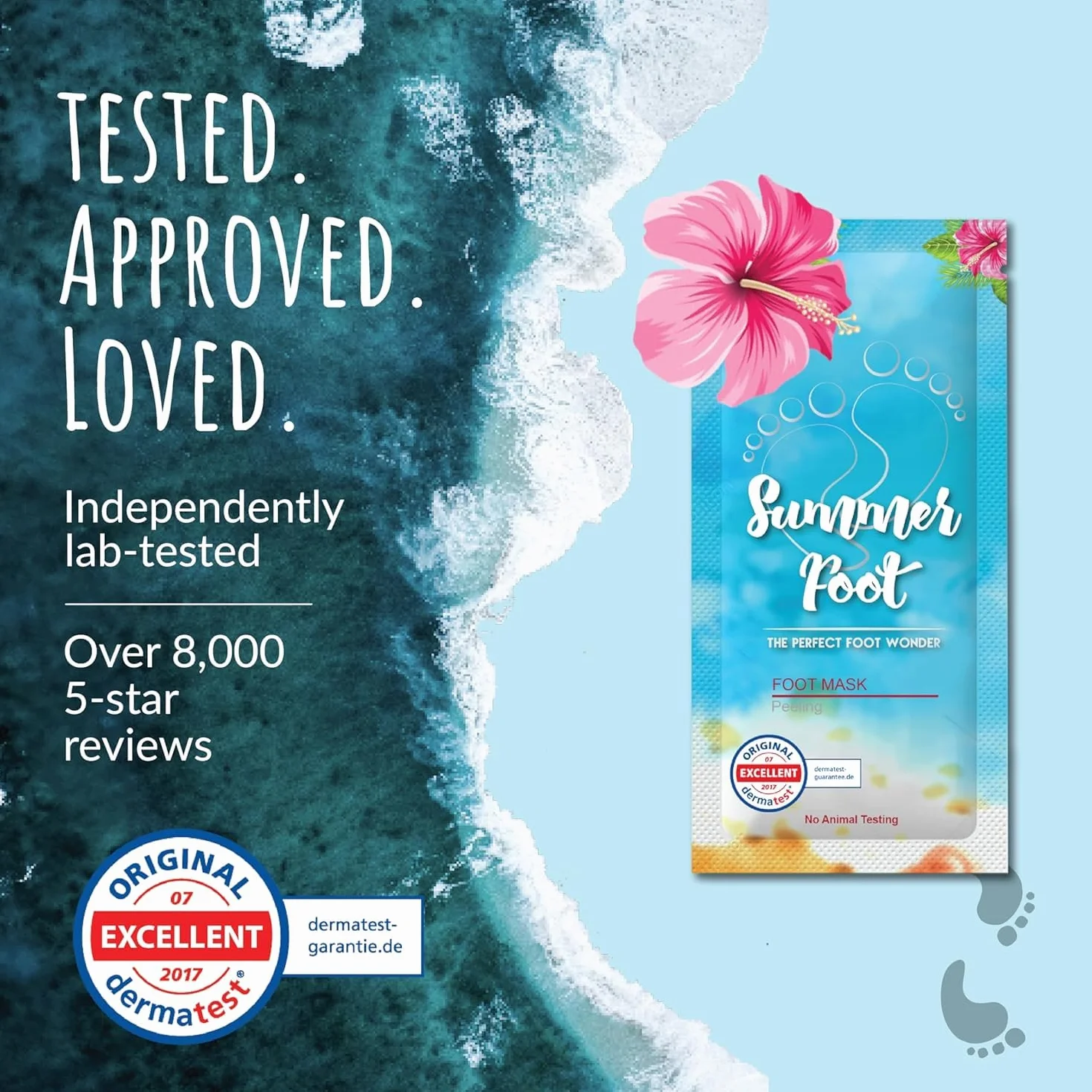 Summer Foot Premium maska do stóp do usuwania zrogowaciałego naskórka, aksamitnie miękkie i delikatne stopy po jednym zastosowaniu, przetestowana dermatologicznie, instrukcja obsługi w jęz. niemieckim