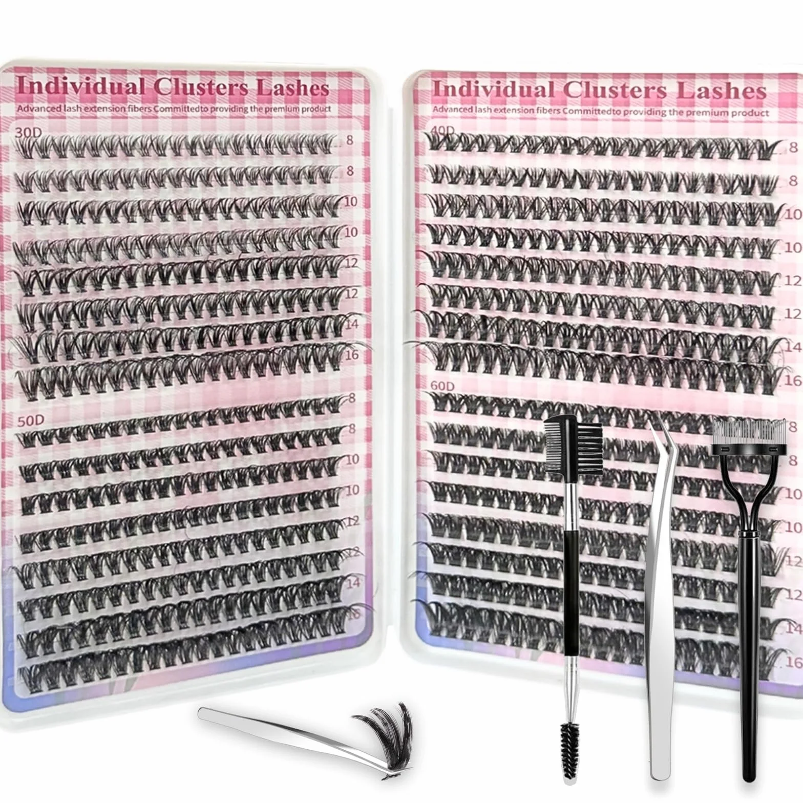 640 sztuk fałszywych rzęs, 30D + 40D + 50D + 60D zestaw do przedłużania rzęs z pęsetą, D Curl 8-16 mm sztuczne rzęsy, zestaw DIY do przedłużania rzęs (zestawy 30-60D)