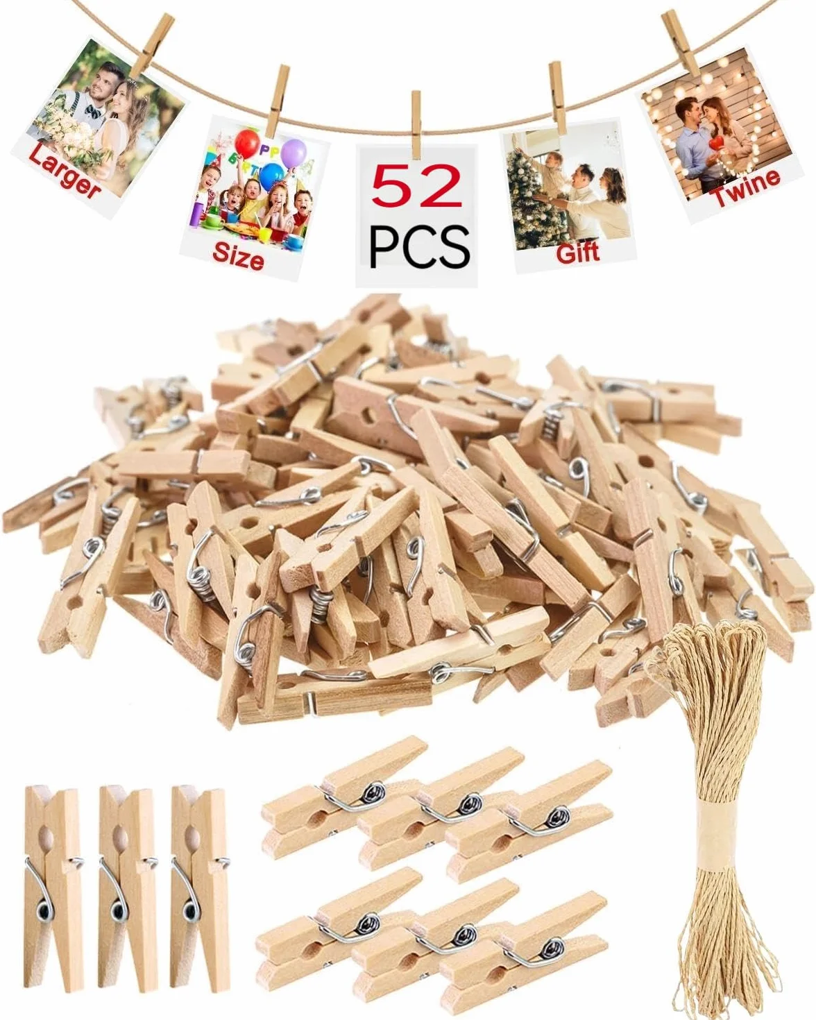 Zestaw 52 drewnianych mini klamerek, 3 cm, naturalne drewniane klamerki do ubrań ze sznurkiem jutowym 10 m, do zdjęć, fototapet, pocztówek, listów