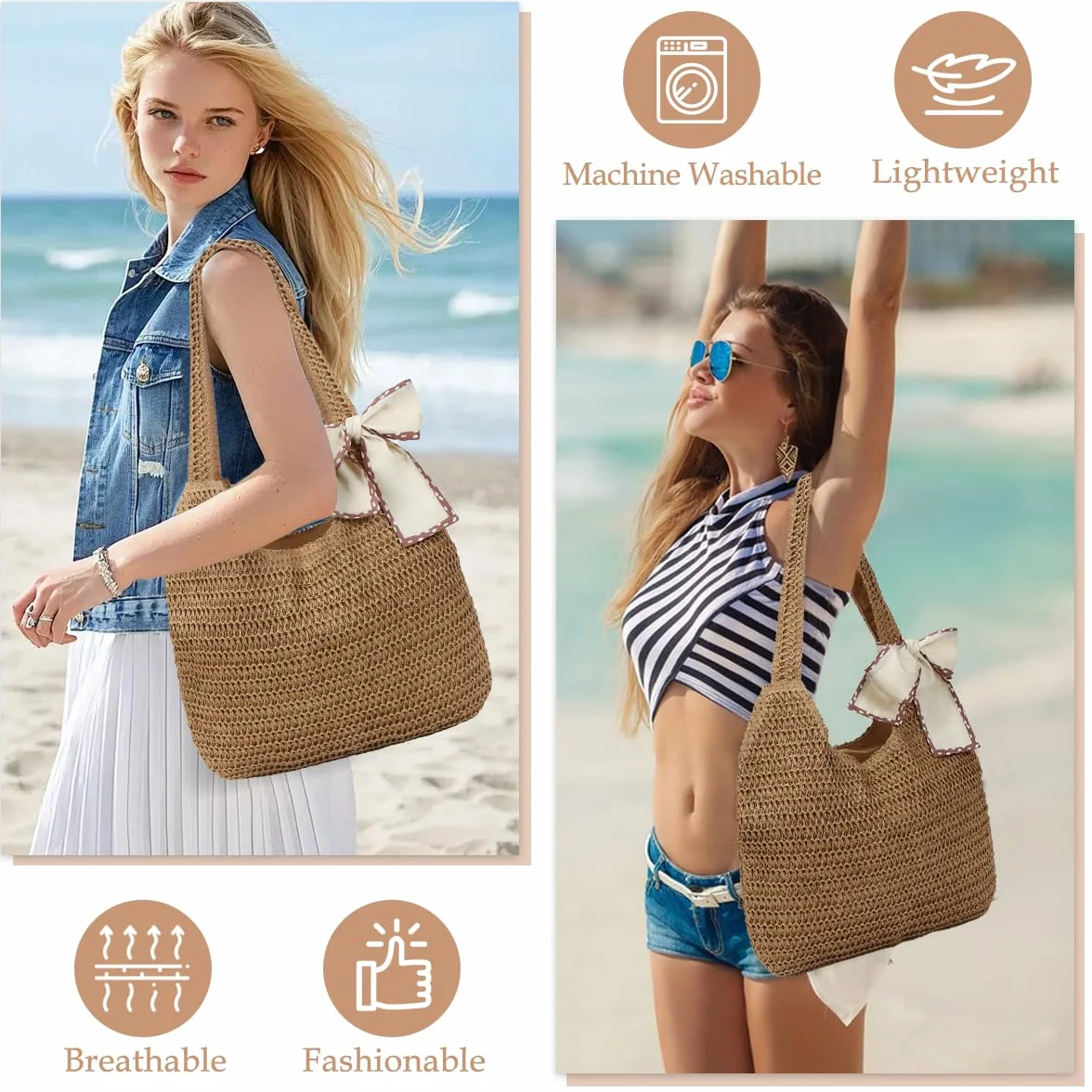 Damska torba plażowa, pleciona torba w stylu boho, szydełkowana torba letnia, torba plażowa, szydełkowana, torebka słomkowa, damska letnia torba na ramię, na urlop, podróż, plażę, lato i na co dzień