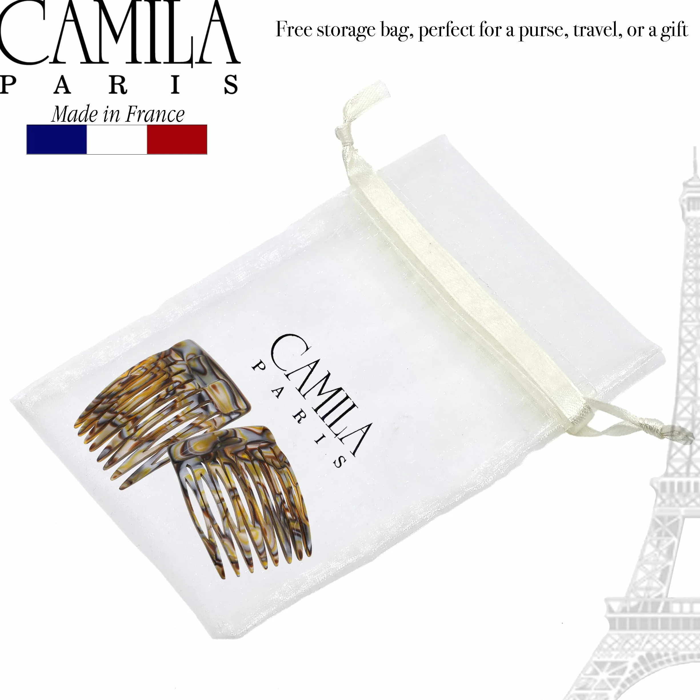 Camila Paris Ręcznie wykonany francuski grzebień boczny, mały, zaokrąglony onyks, mocny chwyt, spinki do włosów dla kobiet, antypoślizgowe i trwałe, stylizacja, akcesoria do włosów dla dziewcząt,